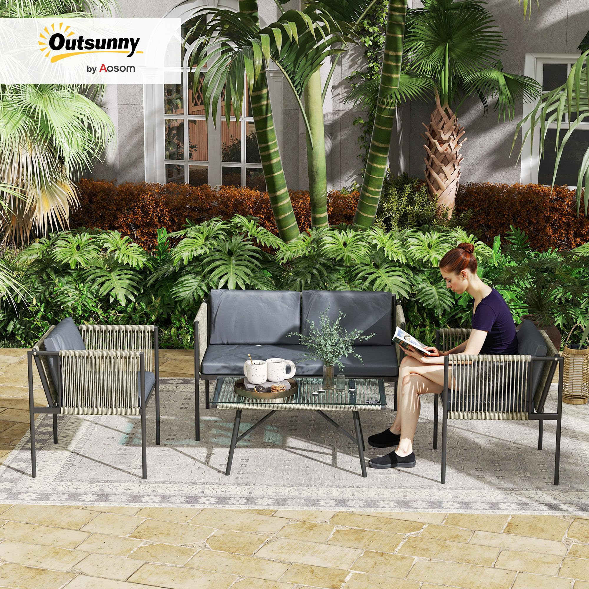 Outsunny Set di Mobili da Giardino in Rattan 4 Pezzi, Salotto da Esterno con Divano a 2 Posti, 2 Poltrone da Esterno, Tavolino da Caffè in Vetro e Cuscini Lavabili, Struttura in Acciaio, Nero/Grigio