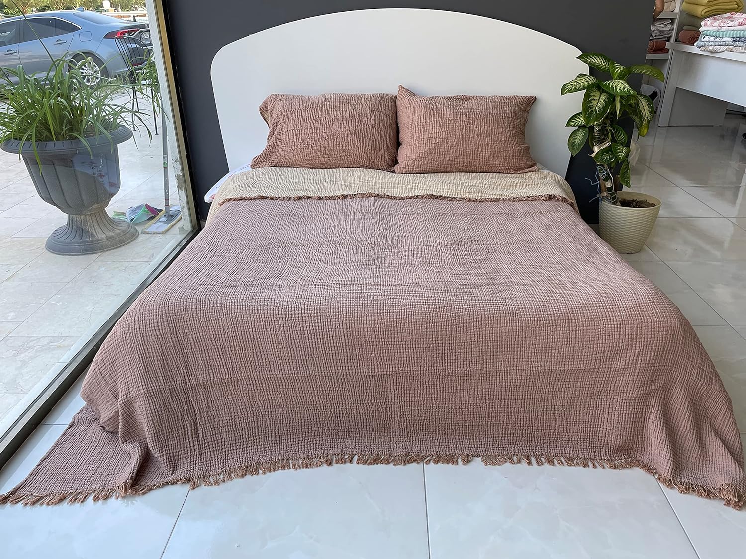 Muslin Blanket 100% Cotton, 4 Layers Bedspread, Soft Turkish Cotton Muslin Bed Cover, Reversible Coverlet, Brown (King Size 95x102-230x260cm)