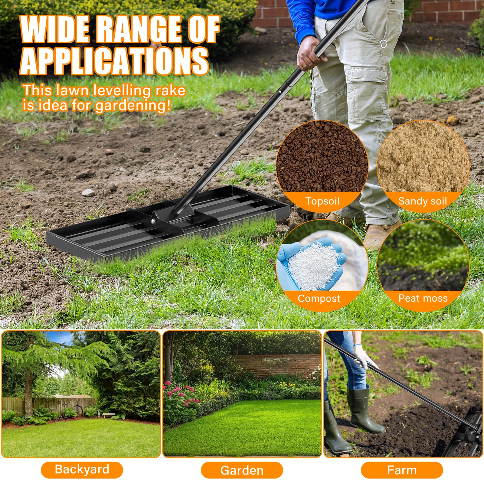 Rastrillo nivelador para césped 115 x 25 cm, rastrillo nivelador para césped de acero inoxidable, equipado con un mango extra largo de 198 cm para jardín, campo de golf, granjas