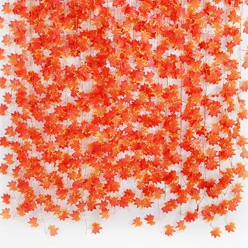 Freyalife Fall Leaf Garland for Room Decor12 Pack,Artificial Maple Leaves,Autumn Hanging Vines Red Ivy Plant for Bedroom Wall Decor Thanksgiving Halloween Christmas WeddingParty Garden Fireplace