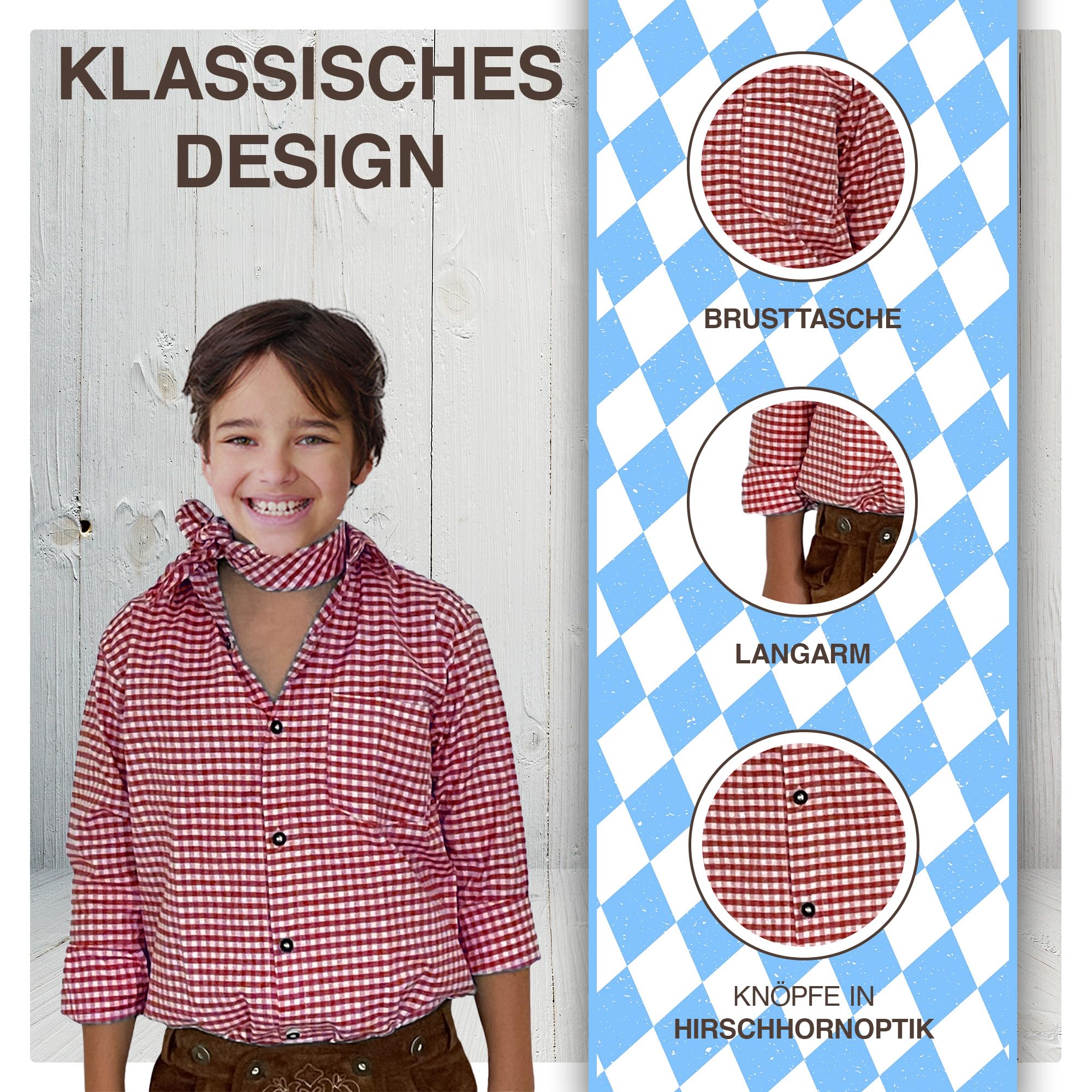 Camicia da ragazzo con pantaloni in pelle a quadretti e cotone bianco a maniche lunghe con foulard 45 x 45 cm e tasca sul petto