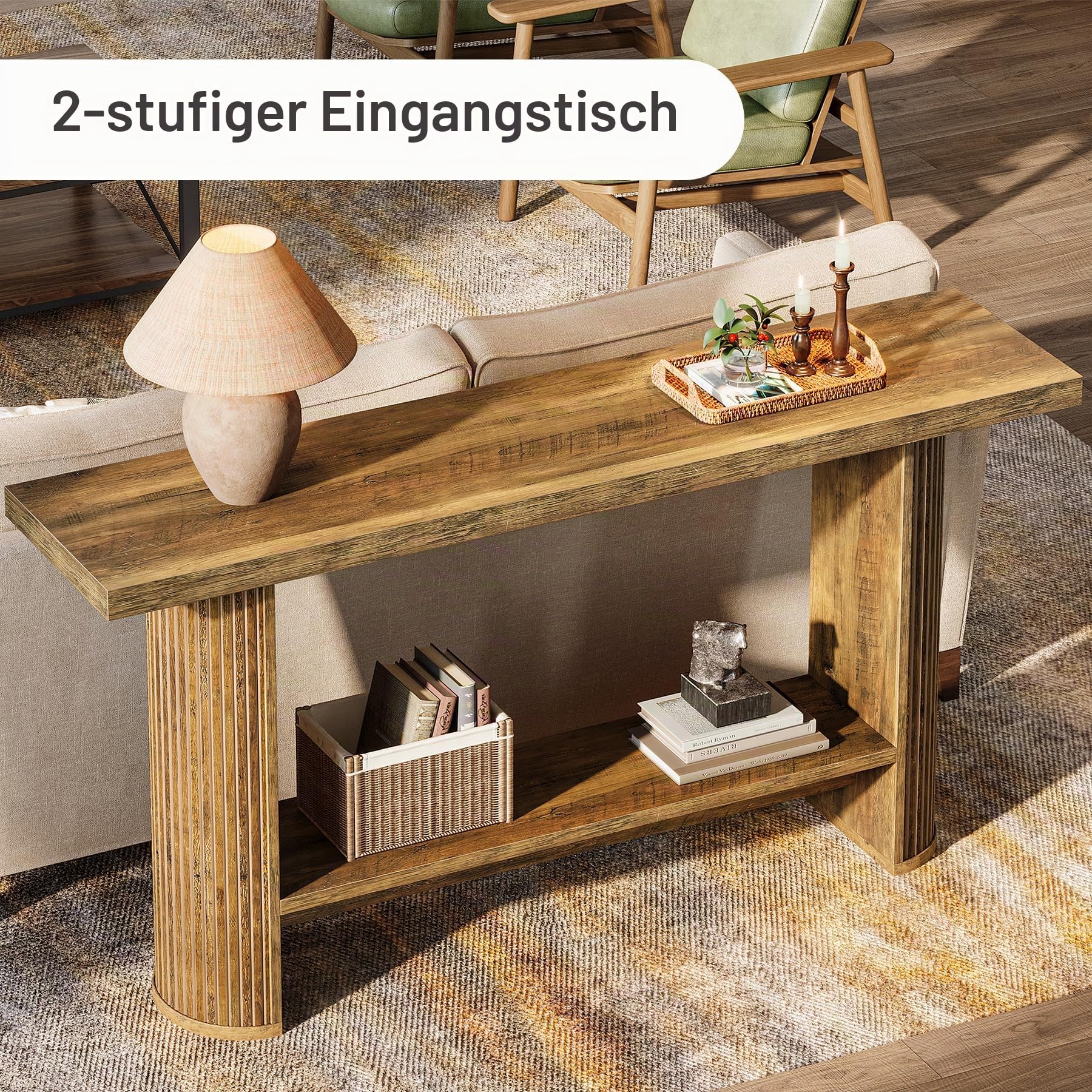 Tribesigns Moderner Konsolentisch, Schmaler Flurtisch Sofatisch mit 2 Ablage, 140 x 30 x 80 cm, Konsolentisch Holz Hinter der Couch für Wohnzimmer, Flur, Eingang, Braun