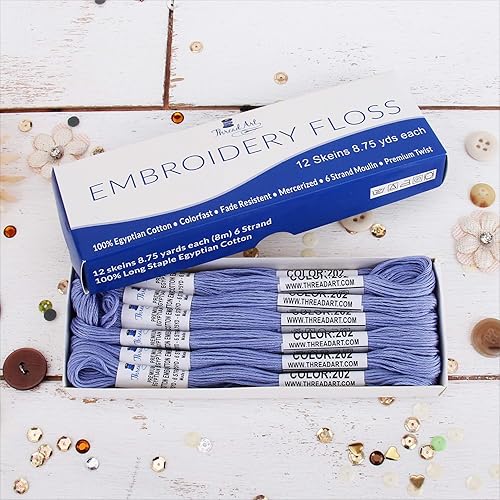 Vista 89 de Threadart - Hilo de bordar de algodón largo egipcio de alta calidad, 12 madejas Morado 6 hilos divisibles de 8.75 yardas cada uno para bordado a