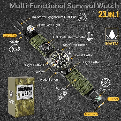 Miniatura 2 de 23-in-1 Military Tactical Watch for Men, Multifunctional Outdoors Waterproof Survival Watches with Compass Whistle Fire Starter and Thermometer,
