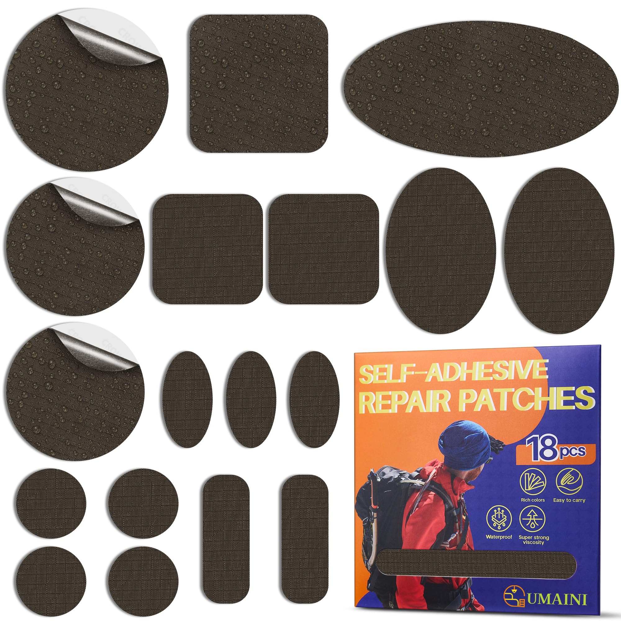 Down Jacket Repair Patch Kit, Outdoor Gear Tenacious Repair Tape, Self Adhesive Fabric Patches for Clothes, Waterproof Ripstop Nylon Fabric Patch for Puffer Jacket, Coat, Tent (18 Pcs, Dark Brown)