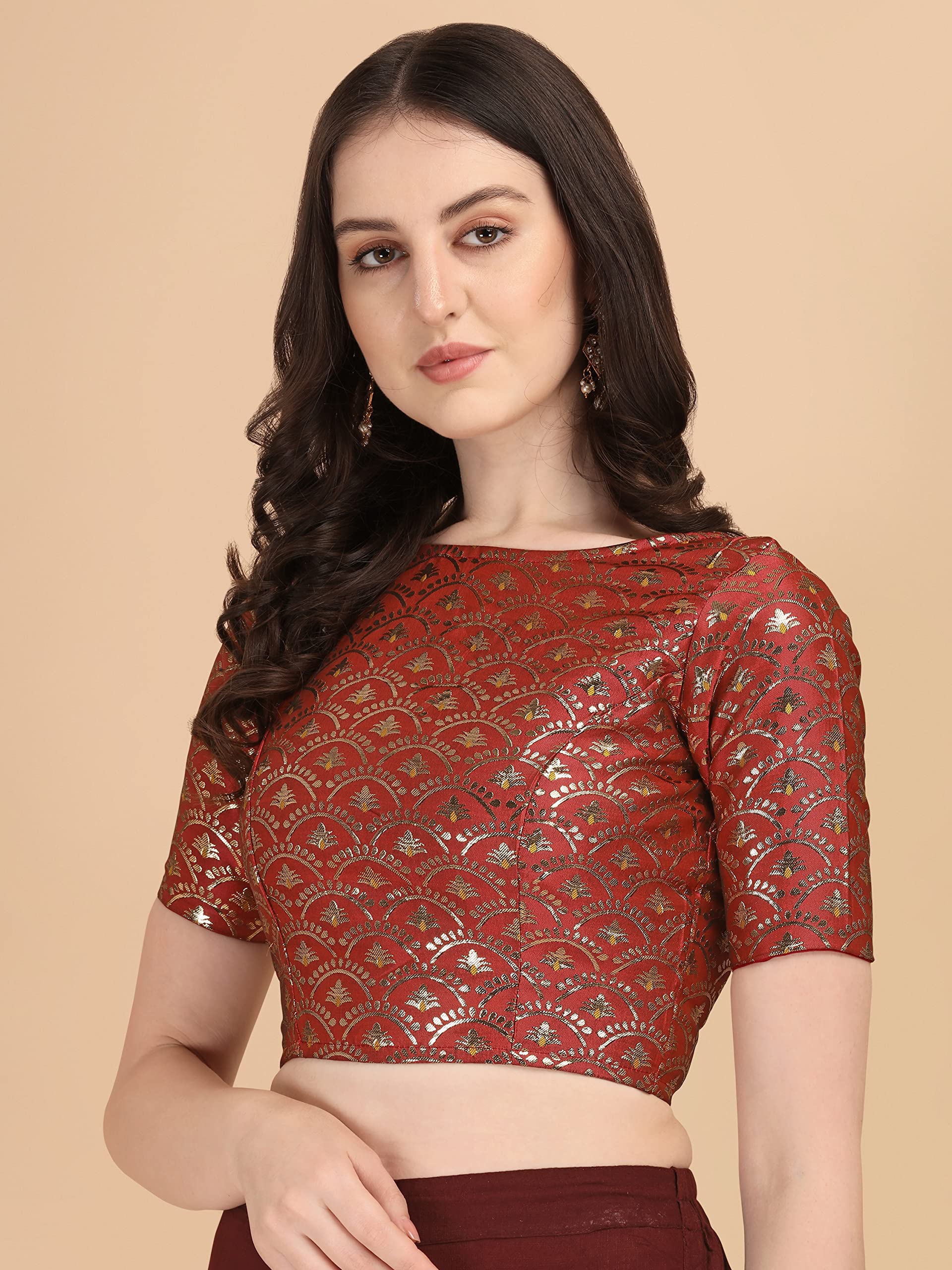 Oomph Women's Indian Ethnic Wear Designer Zari Work Boat Neck Half Sleeve Burnt Orange Color Blouse For Saree Or Lehnga And Palazzos Or Skirts For A Fusion Twist.