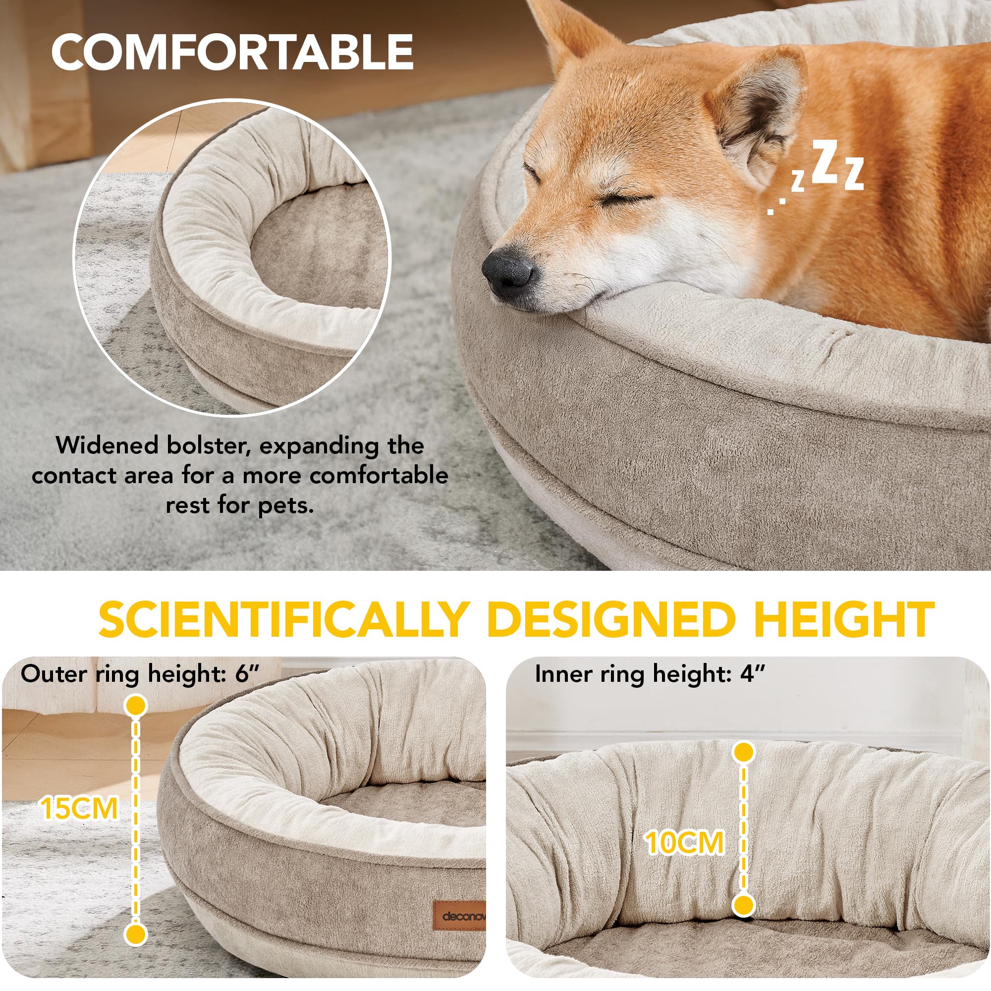 Deconovo Letto Ortopedico per Cani di Taglia Media e Grande, Soffice e Lavabile, con Cesto per Cani a Forma di Ciambella in Pile,61x61x15cm, Cachi