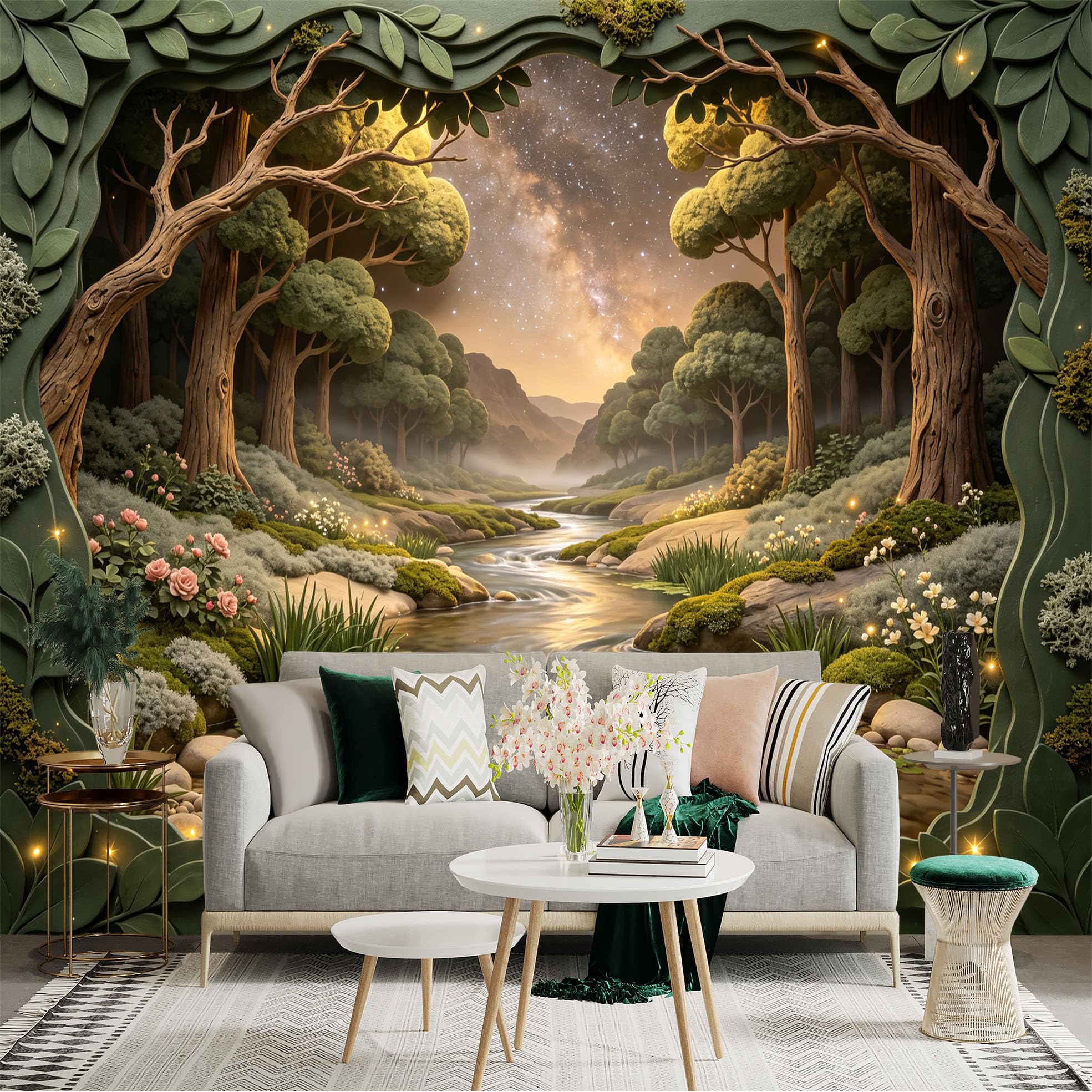 Lnzczhyre Bh260719612 Custom Size Wall Sticker Mural， Enchanted Forest Stream， Glowing Milky Way Night， Serene Botanical Valley， For Wall Decoration， Peelandstick Wall Decals.