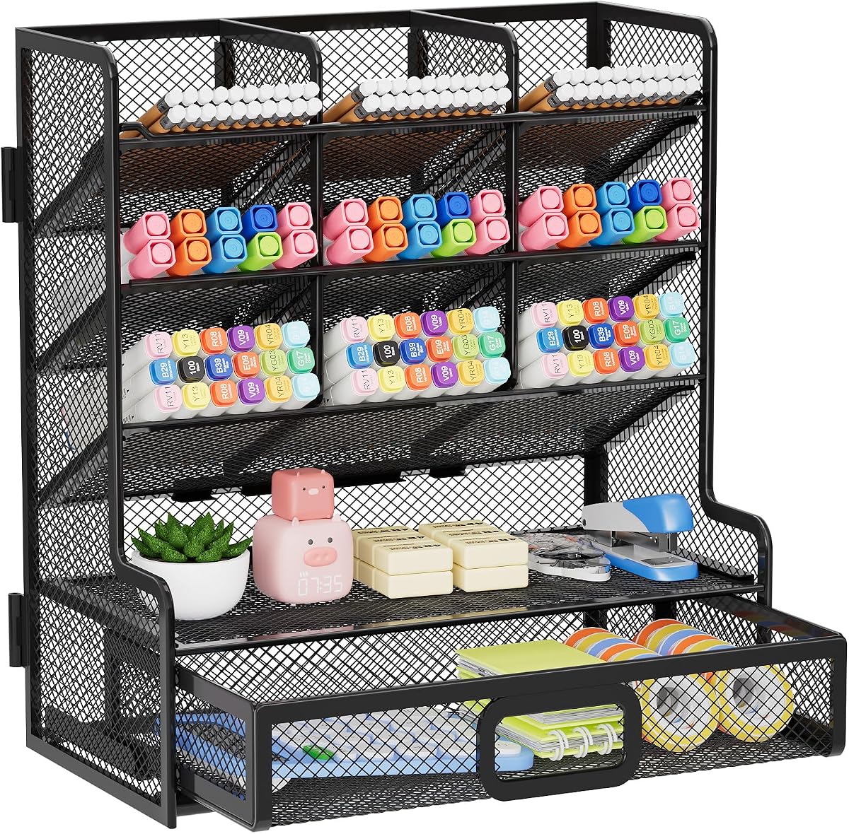 Organizador de escritorio de malla más grande con cajón, portalápices multifuncional, fácil montaje, organizadores de escritorio y accesorios para suministros de arte de oficina (negro)