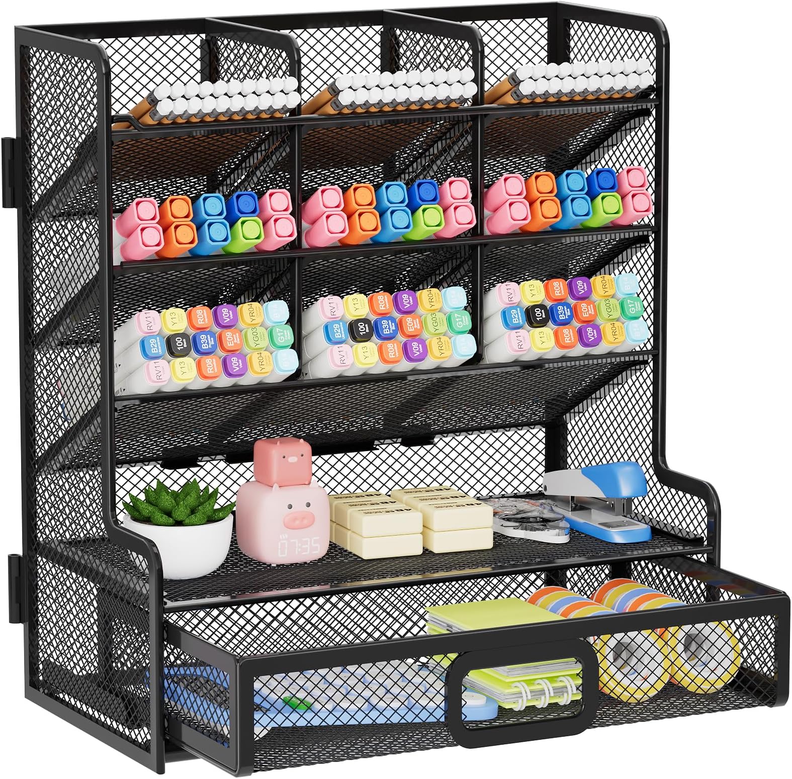 Marbrasse Larger Mesh Desk Organizer with Drawer, Multi-Functional Pen Pencil Holder, Easy Assembly, Desk Organizers and Accessories for Office Art Supplies (Black)