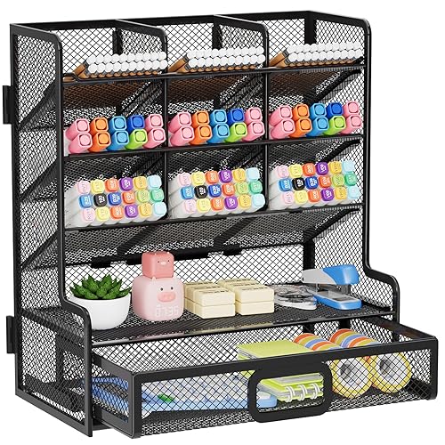 Marbrasse Larger Mesh Desk Organizer with Drawer, Multi-Functional Pen Pencil Holder, Easy Assembly, Desk Organizers and Accessories for Office Art Supplies (Black) - Black