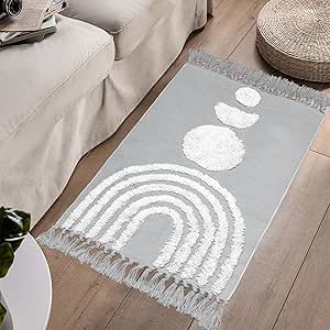 LINROMIA Small Rug 60 x 90 cm, Boho Grey Rainbow Tufted Cotton Rug with ...