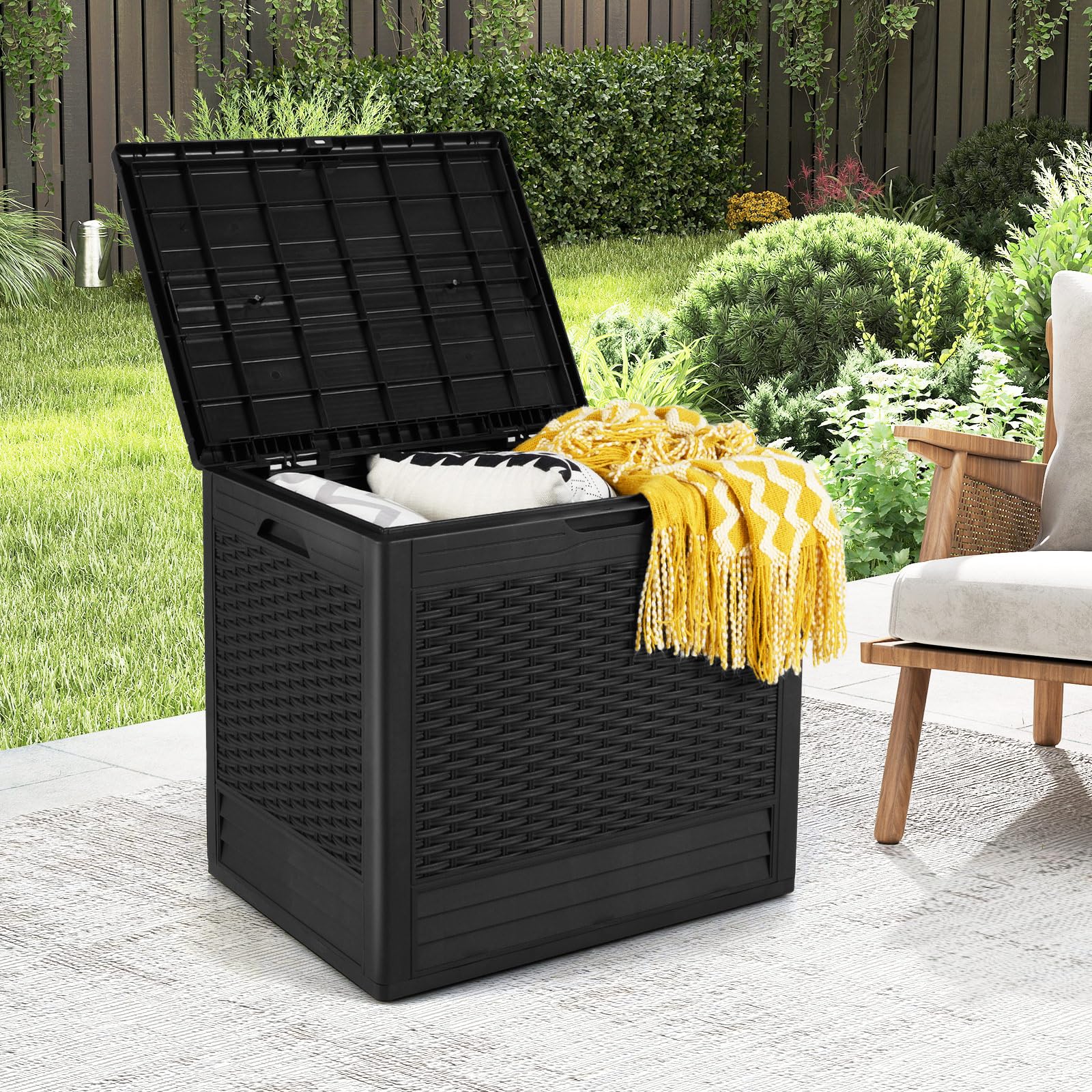 COSTWAY Gartenbox 96 L, Auflagenbox mit abschließbarem Deckel & Rattanoptik, wetterfeste Aufbewahrungsbox Kissenbox für Poolzubehör, Gartengeräte, Paketzustellung, Terrassenkissen (Schwarz)