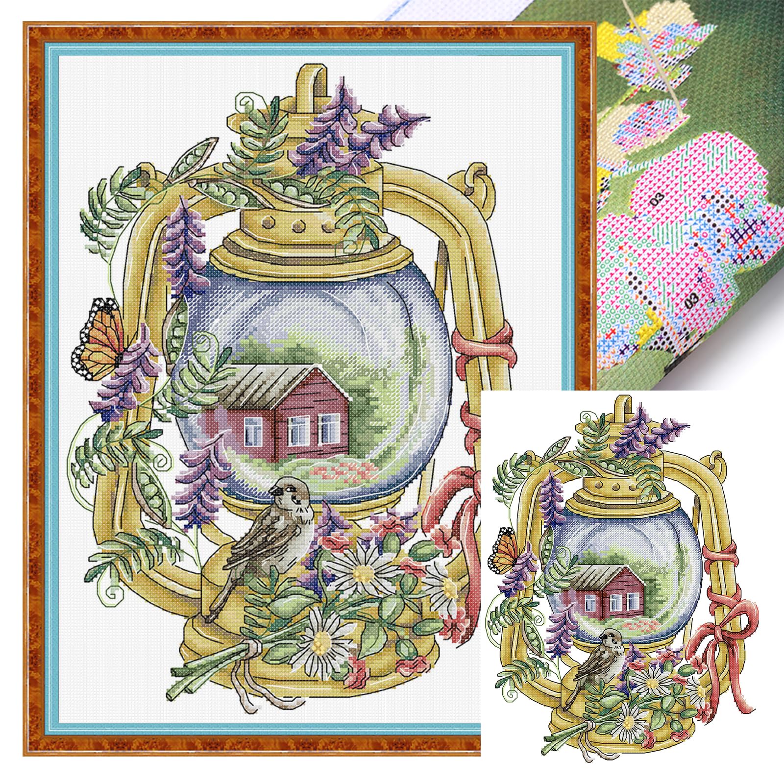 Poetrydraw Dg108 Summer Bird Lantern Full 14Ct Diy Stamped Embroidery Needlepoint Starter Kits For Adults Home Decor (Dg108)