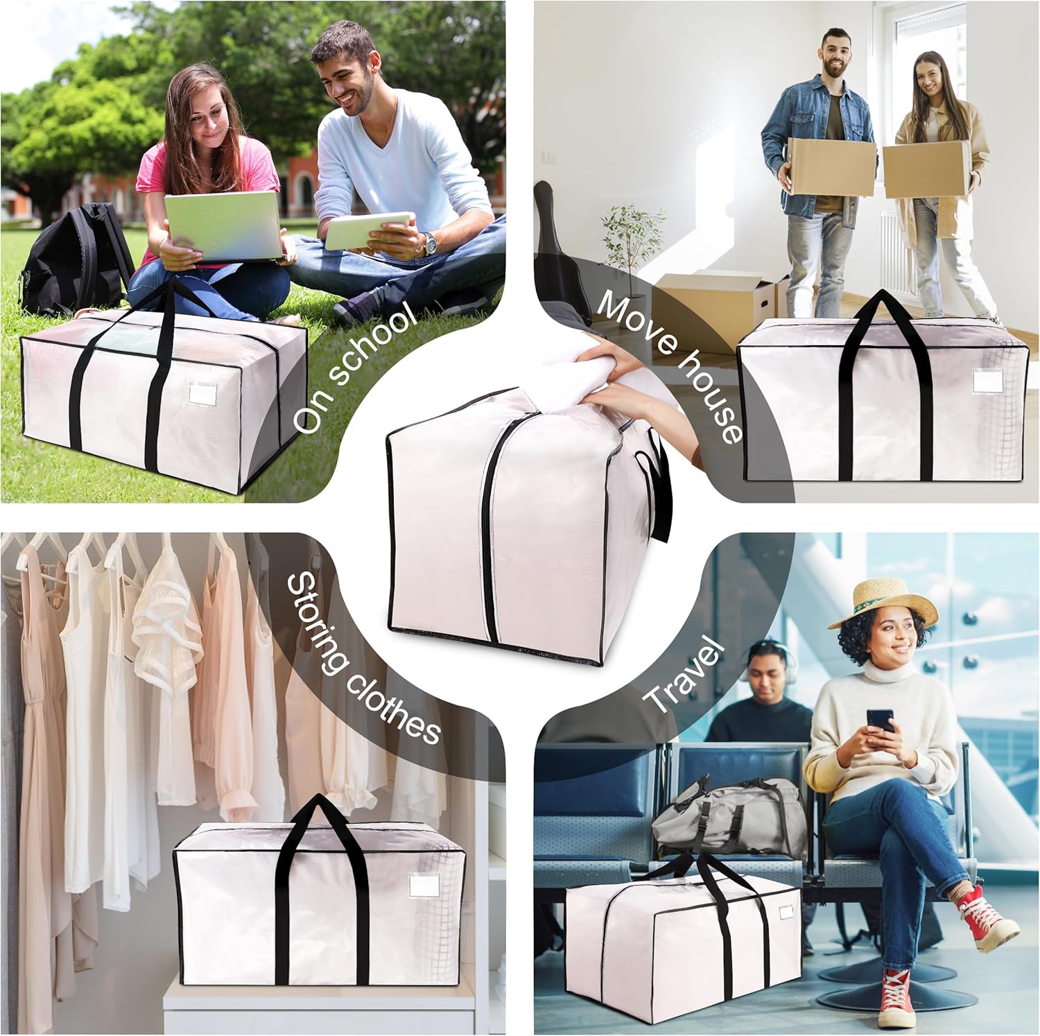 VELVETSURE 6 Pack Heavy Duty Large Moving Bags W/Backpack Straps - Strong Handles & Zippers, Storage Totes For Space Saving, Fold Flat, Alternative to Moving Box and Storage Bin, Semi-Transparent thumbnail
