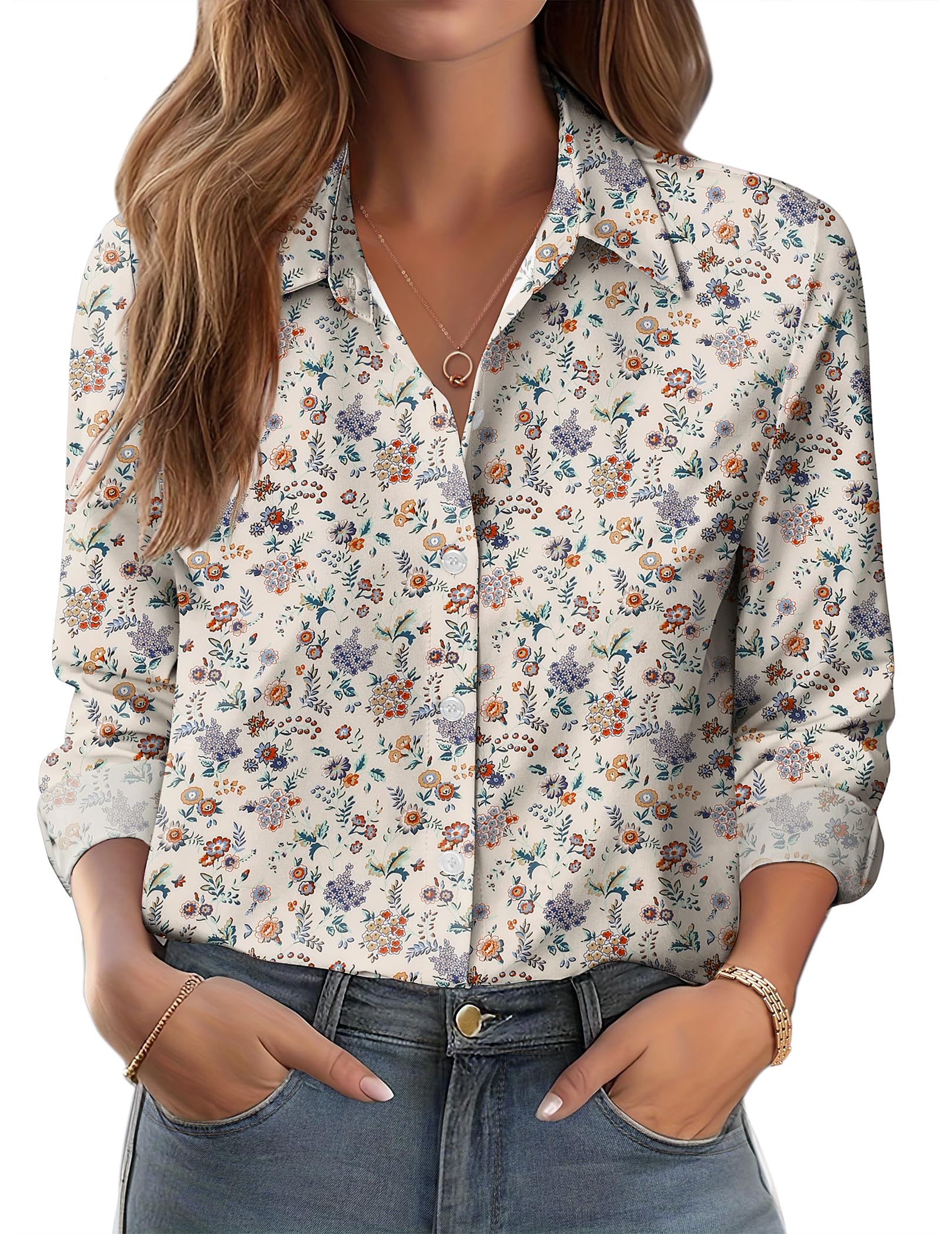 Zeagoo Button Down Shirts for Women Dressy Floral Printed Long Sleeve Blouse Business Casual Work Tops