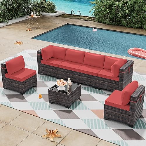 Outdoor Patio Furniture Set, 7 Pieces Outdoor Furniture All Weather Patio Sectional Sofa PE Wicker Modular Conversation Sets with Coffee Table,6 Chairs & Seat Clips(Red)