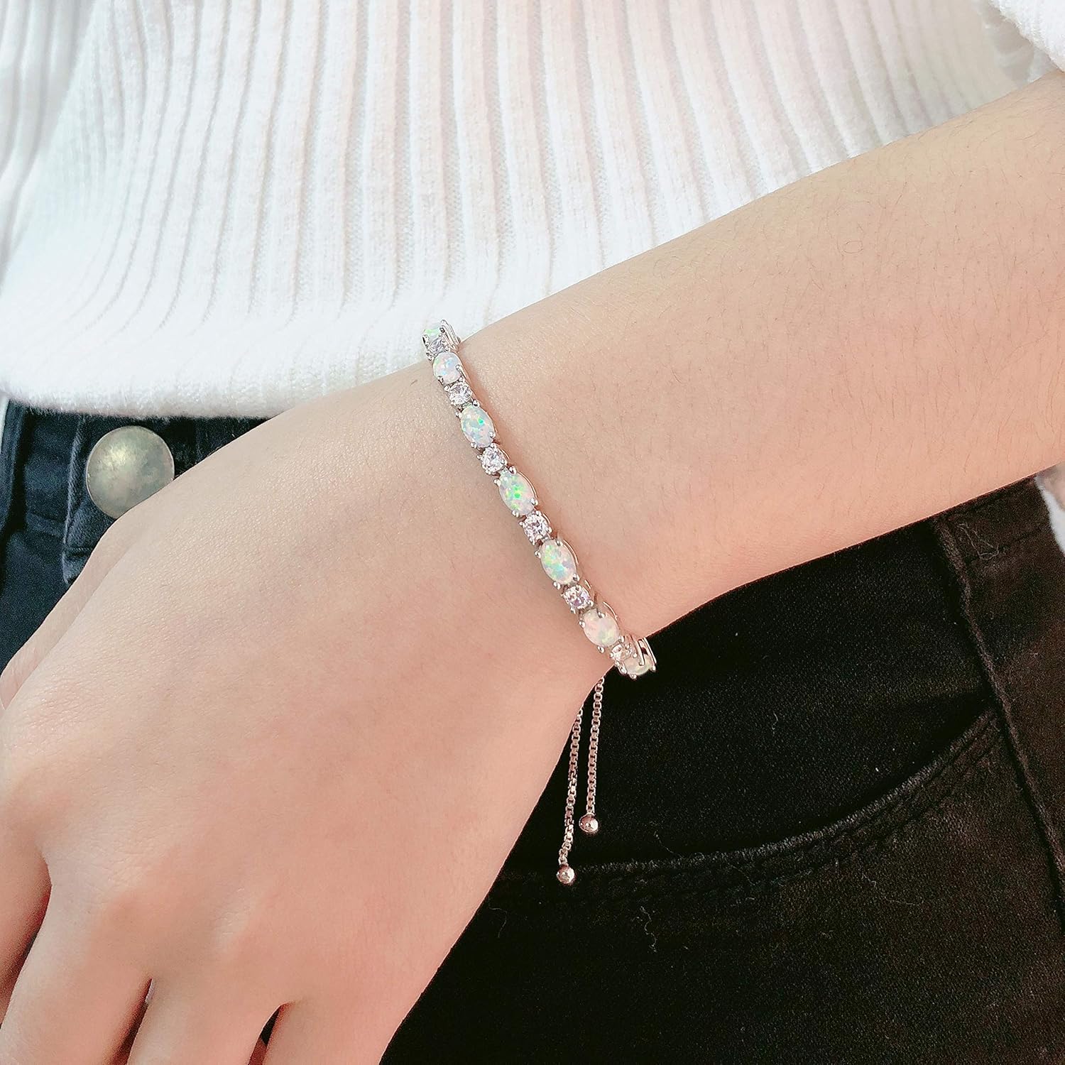 CiNily 18K White Gold/Rose Gold Plated Bracelets-Adjustable Sparkling Cubic Zirconia White Opal Bracelet for Women Girls for Her - Image 4