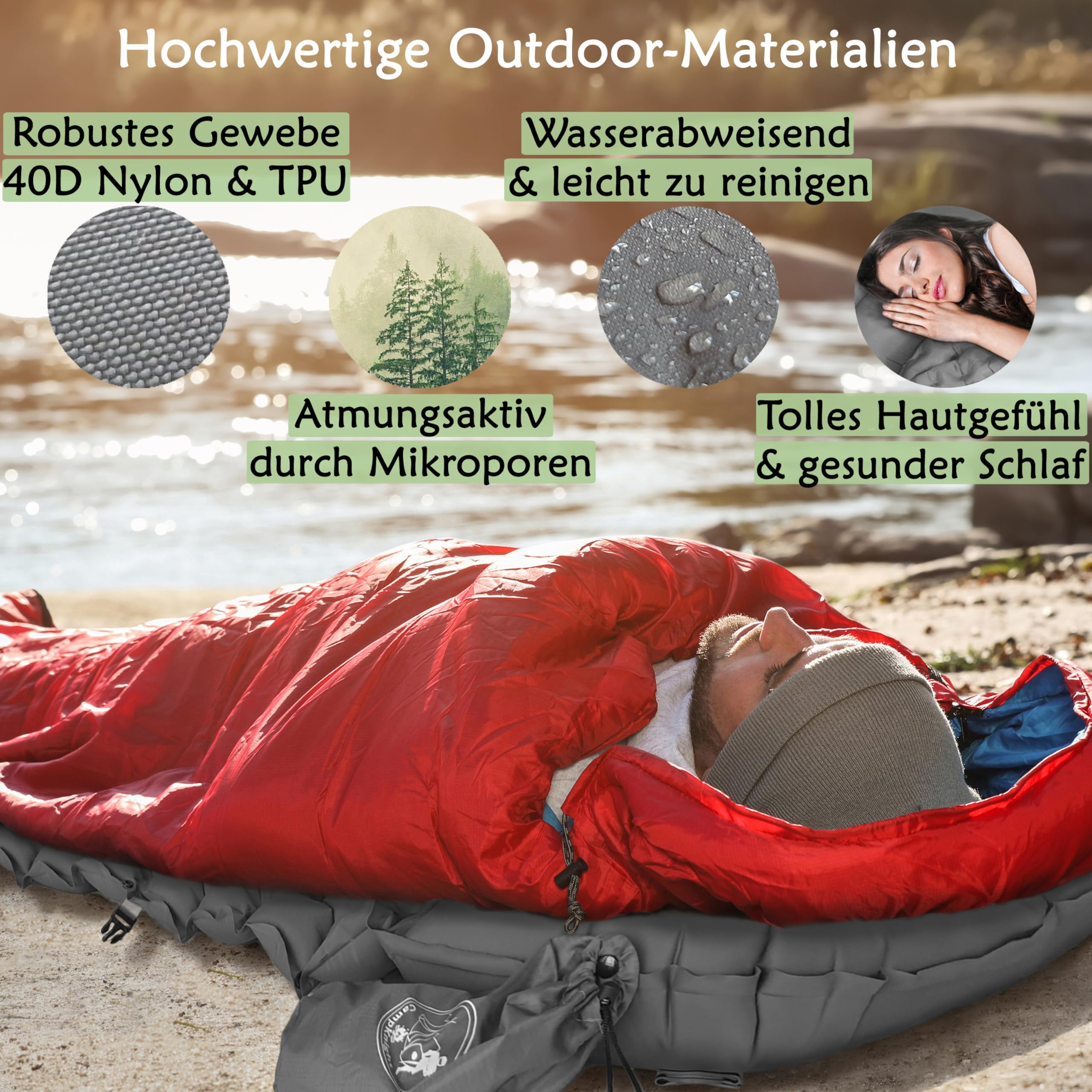 2-in-1 Isomatte für Outdoor und Camping + Ultraleicht und Kleines Packmaß + Bequem Schlafen und Sitzen + Einstellbares Kopfkissen