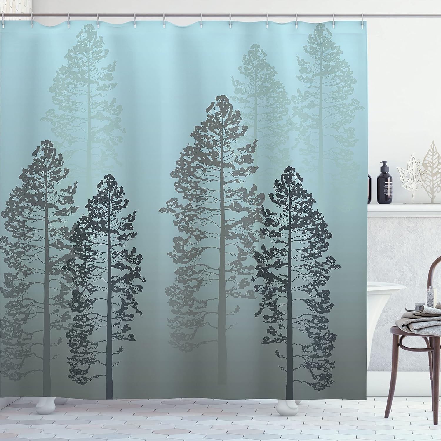 Ambesonne Country Shower Curtain, Pine Trees in The Forest on Foggy Seem Ombre Backdrop Wildlife Adventure Art, Cloth Fabric Bathroom Decor Set with Hooks, 69" W x 70" L, Soft Blue