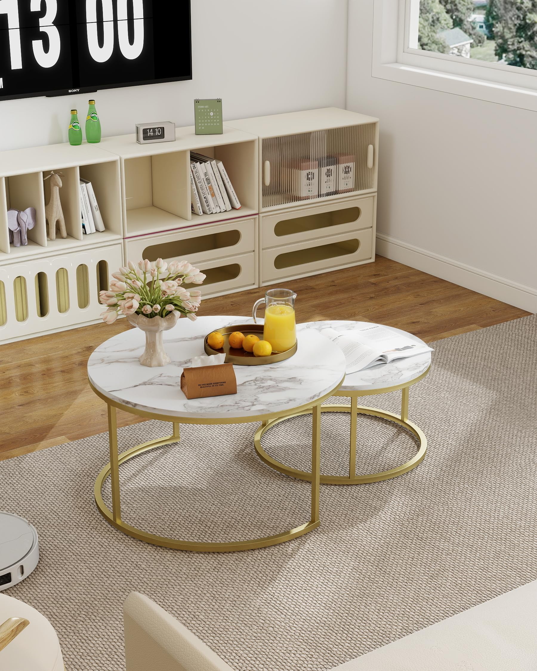 Table Basse Gigogne Effet Marbre Blanc Table Basse Blanche avec Cadre Doré, Tables Basses Rondes Ensemble de Tables d'Appoint Modernes pour Salon, Diamètre 80+60 cm