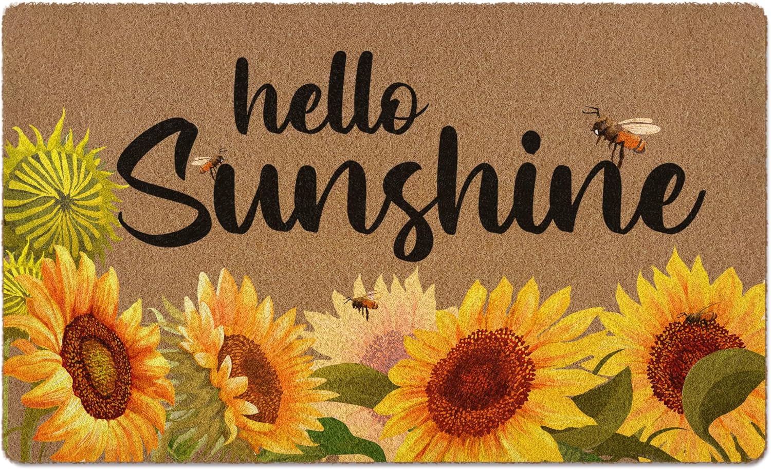 Hello Sunshine Sunflowers Door Mat, Summer Sunflower Doormat, Sunshine Bee Welcome Front Door Mat Outdoor Entrance, Botanical Artificial Coir Doormats for Patio Entry Home Decor, 30x17in