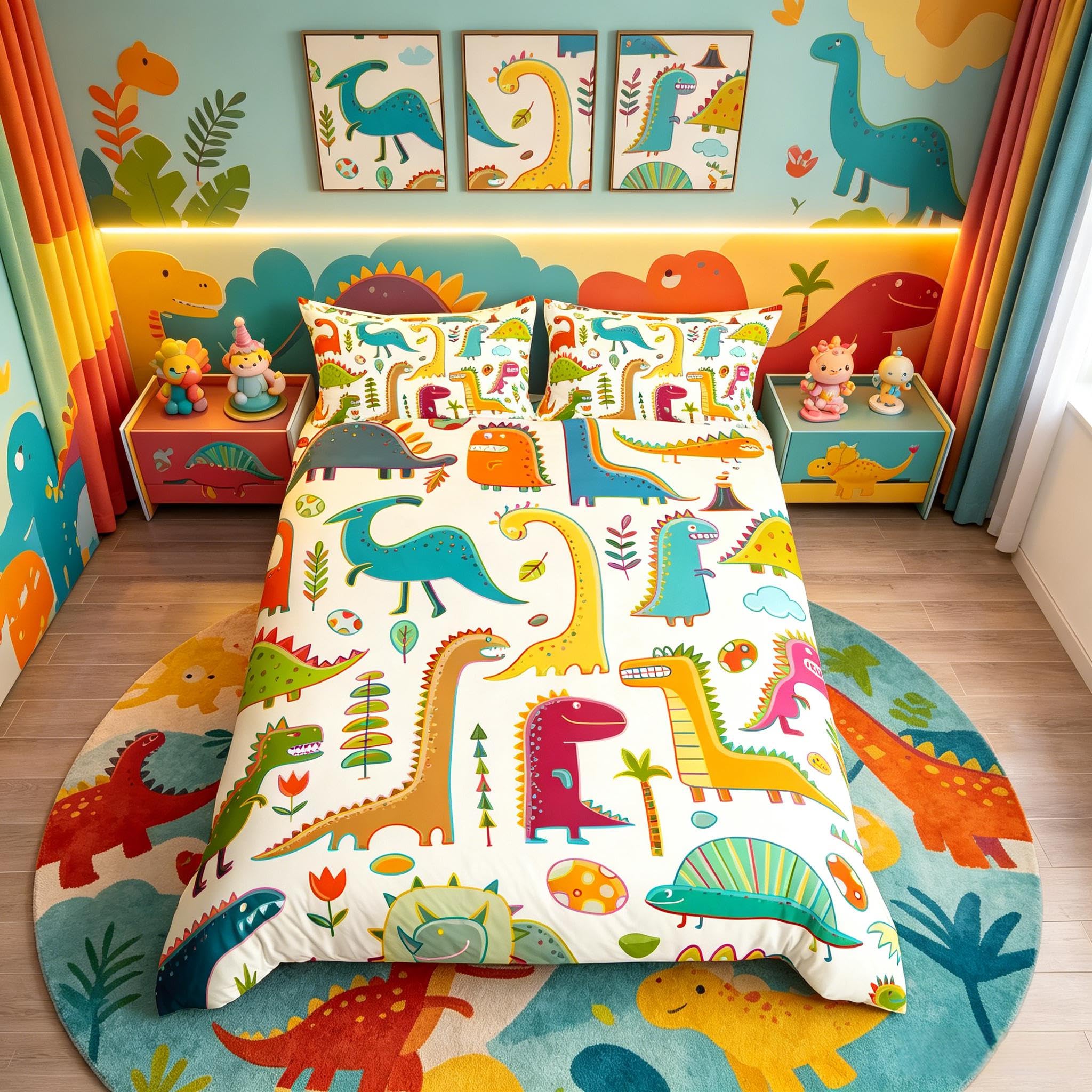 Kids Bedding Set for Girls Boys Children Cute Dinosaur Comforter Cover Decorative Cartoon Jungle Animals Duvet Cover Lovely Dino Pattern Bedspread Cover Zoo Style Double Size 3Pcs Bedclothes — image 1