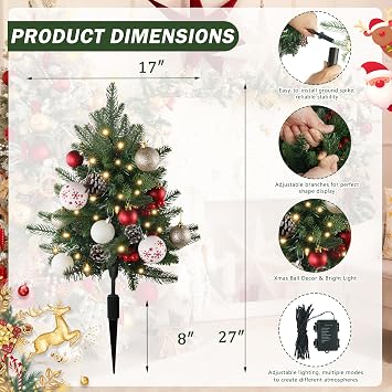 Sunnyglade 27 Set of 2 Artificial Outdoor Christmas Trees with 60 LED Lights, Faux Xmas Tree Decor with Ground Spike & 20 Ornaments, Lighted Fake Tree for Indoor Outdoor Christmas Decor