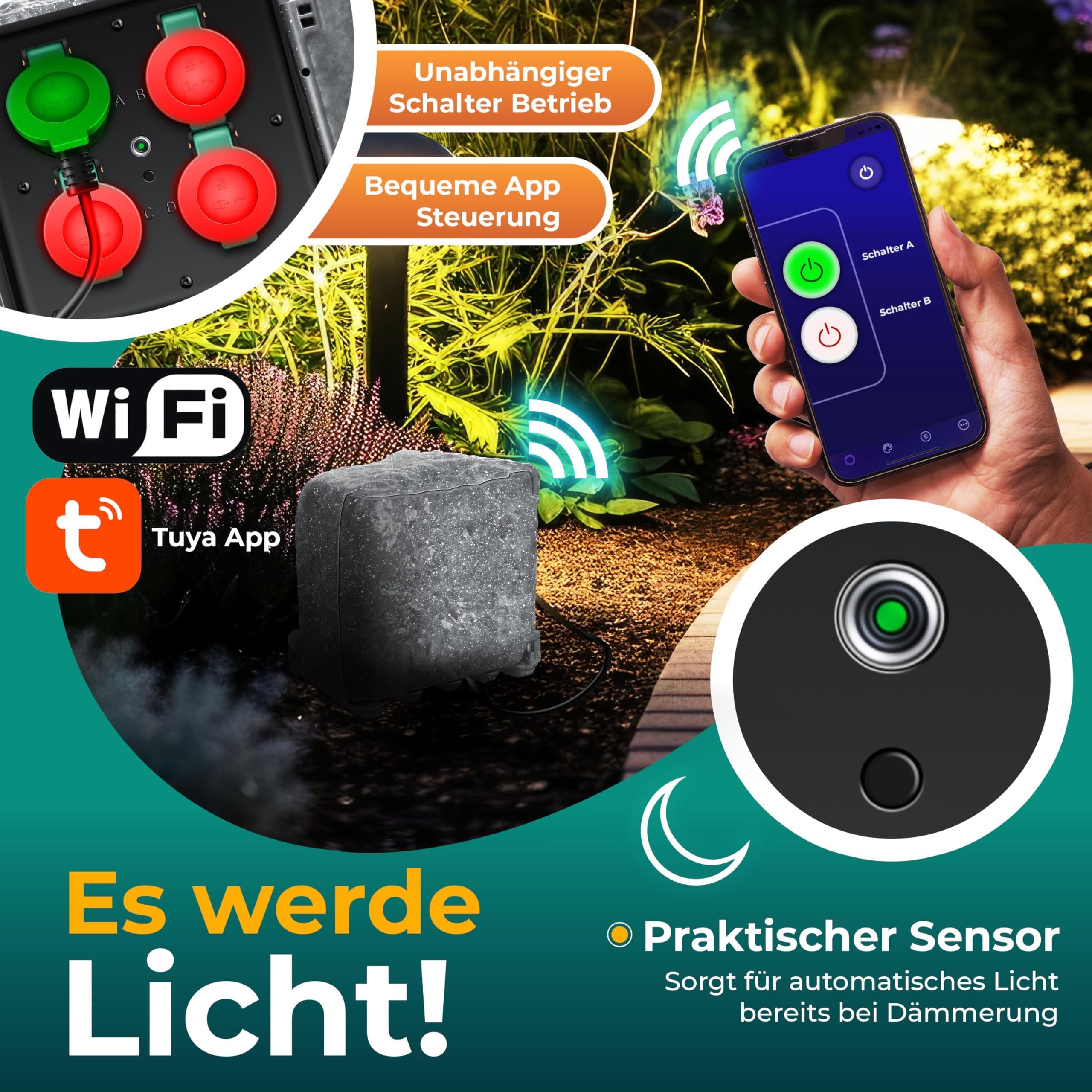 KESSER Zócalo de jardín con aspecto de piedra con 4 enchufes - con función wifi control a través de la aplicación - kit de montaje, enchufes múltiples exteriores con cable de extensión de 3 m toma de