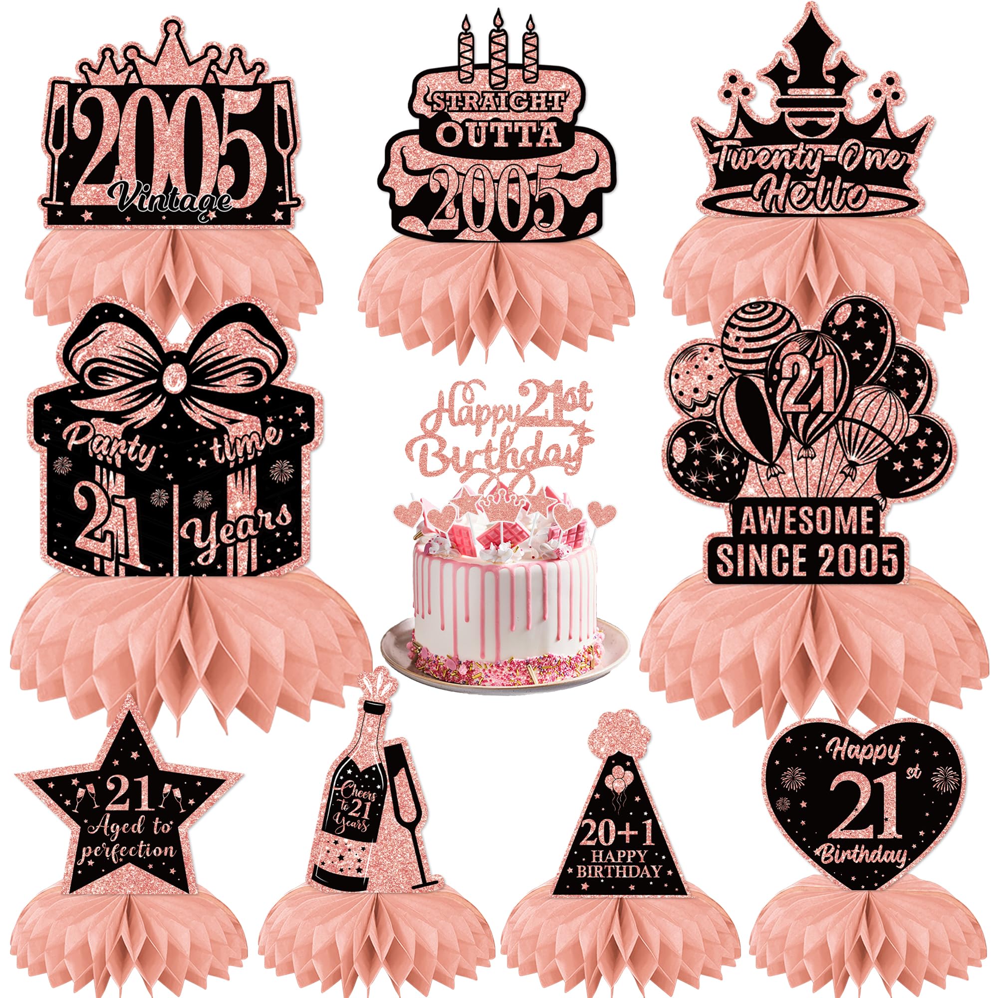 21st Birthday Party Table Decorations - Rose Gold Vintage 2005 Honeycomb Centrepieces and Cake Toppers, 17 Pcs Happy 21st Birthday Table Decorations for Her