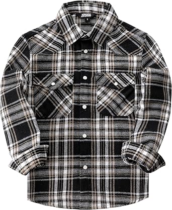 JOGAL Boys Western Shirt Long Sleeve Pearl Snap Plaid Flannel Shirts | 6 oz MidWeight, Soft Brushed Cotton, Pre-Shrunk, Cowboy Shirt, Fall Shirts, Regular Fit, Kids 6-14 Years