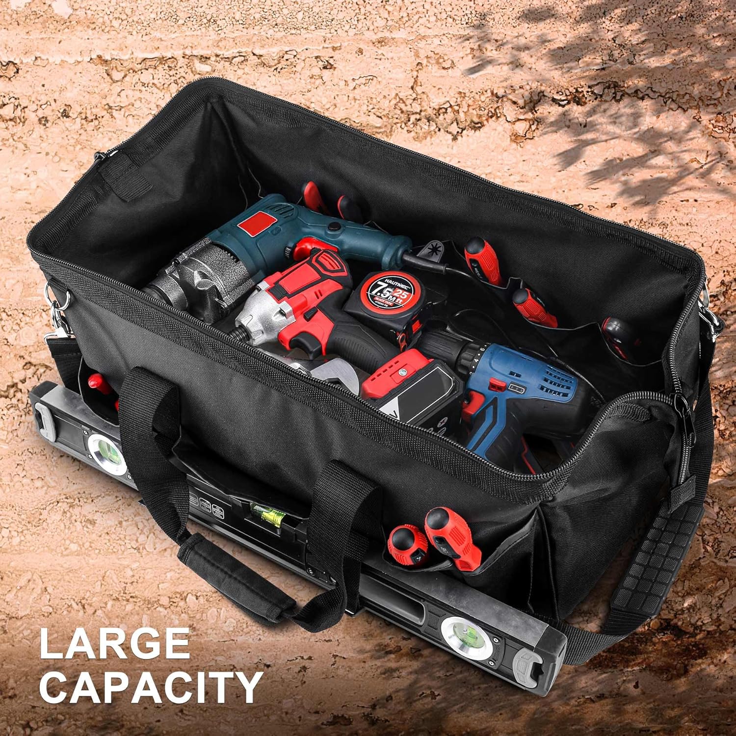 HAUTMEC 24" Large Tool Bag, Heavy-Duty Wide Mouth Tool Bag with Waterproof Hard Base, 21-Pockets, Double Zippers & Shoulder Strap, Spacious and Rugged Tool Organizer for Heavy Tools – HT0184 - Image 5