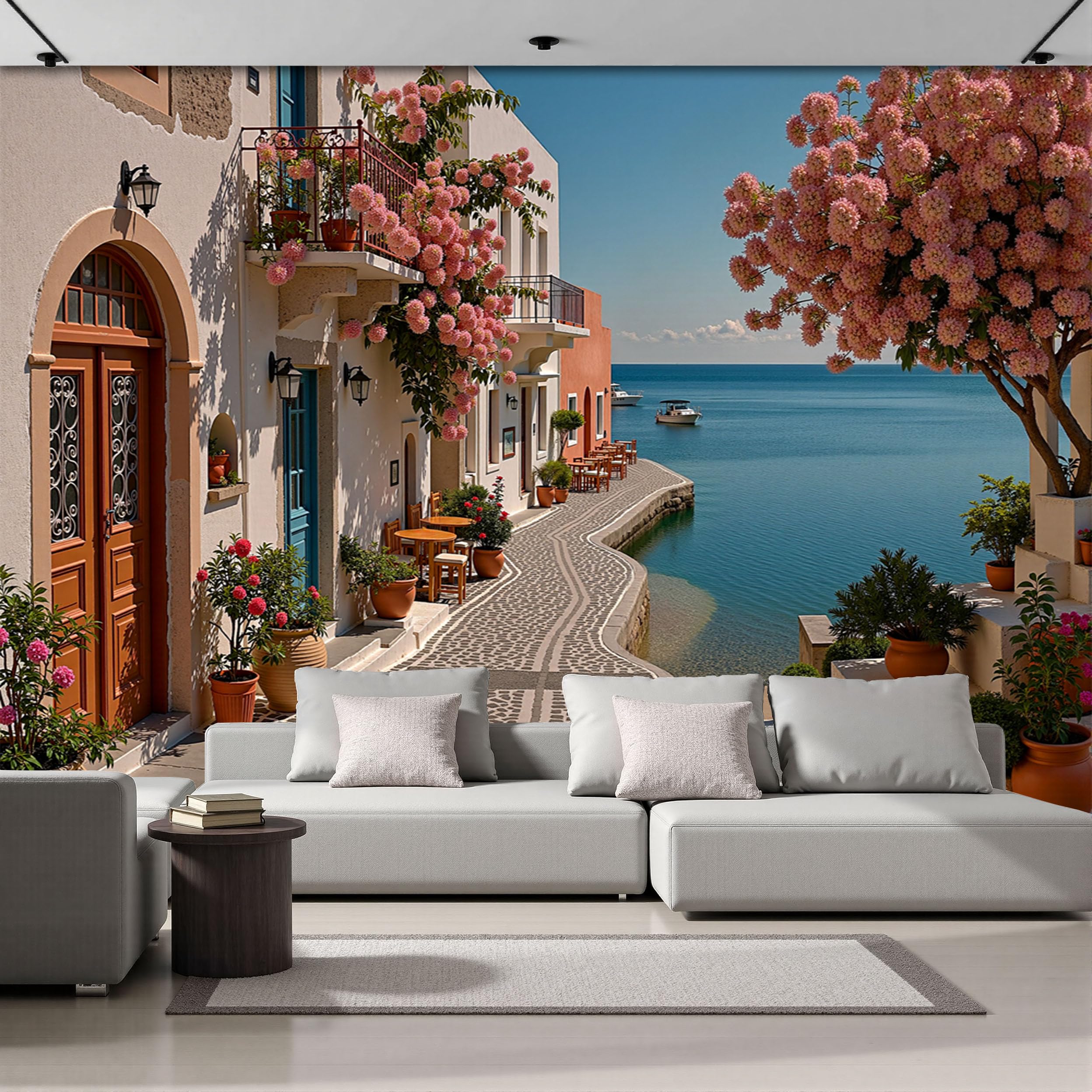 Papier peint soie panoramique bleu bord de mer 400x280 cm pour une decoration murale raffinee