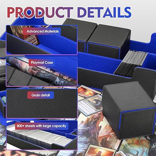Miniatura 10 de Scimi Caja grande de doble cubierta para más de 400 tarjetas, funda grande con bandeja de dados para MTGTCGCCG (negroazul)
