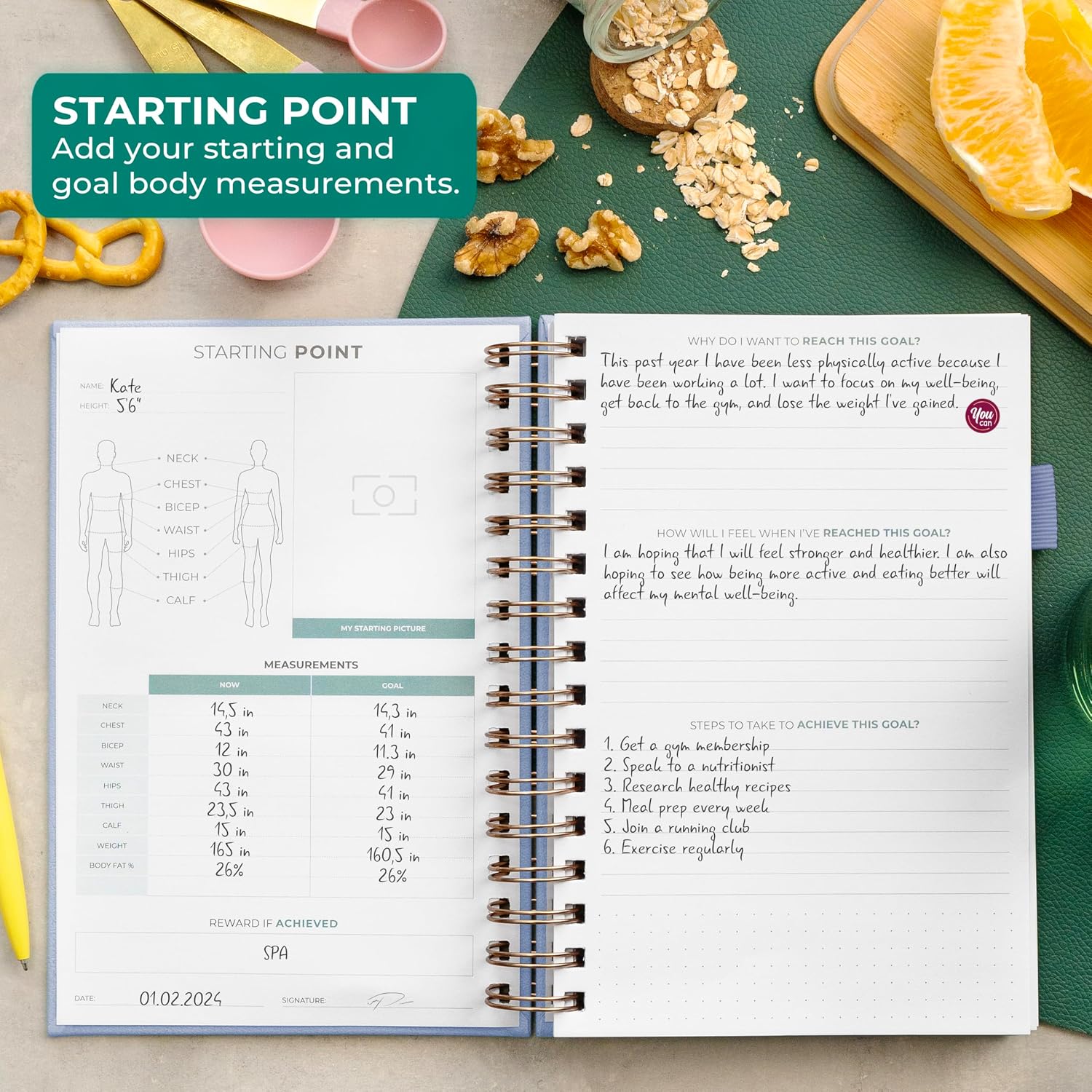 Clever Fox Food Journal Spiral - Daily Food Diary, Meal Prep Planner to Track Calories & Nutrients, Weight Loss Tracker Notebook (Windy Blue)