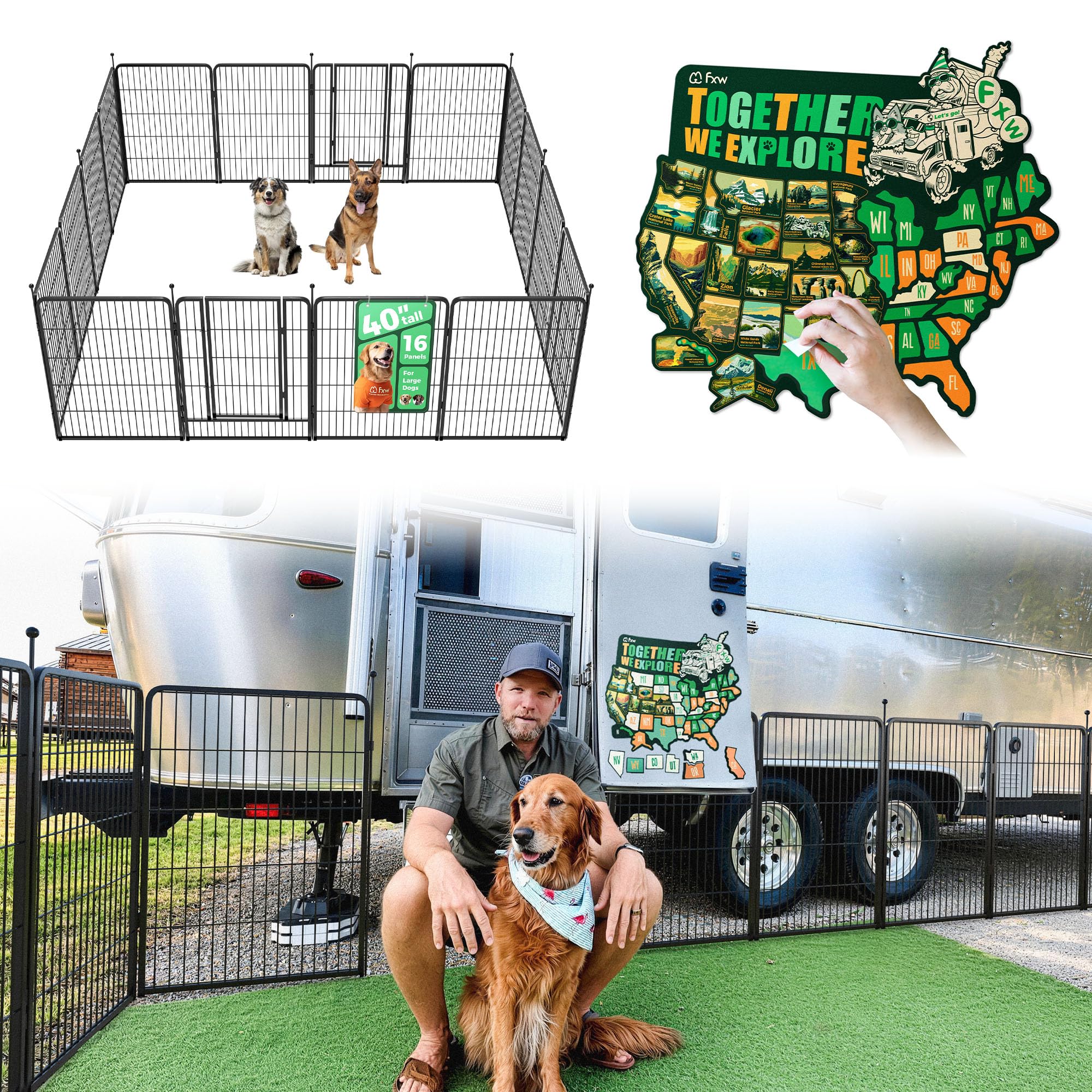 FXW Instant Dog Playpen with RV State Travel Map for Camping Outdoor Yard