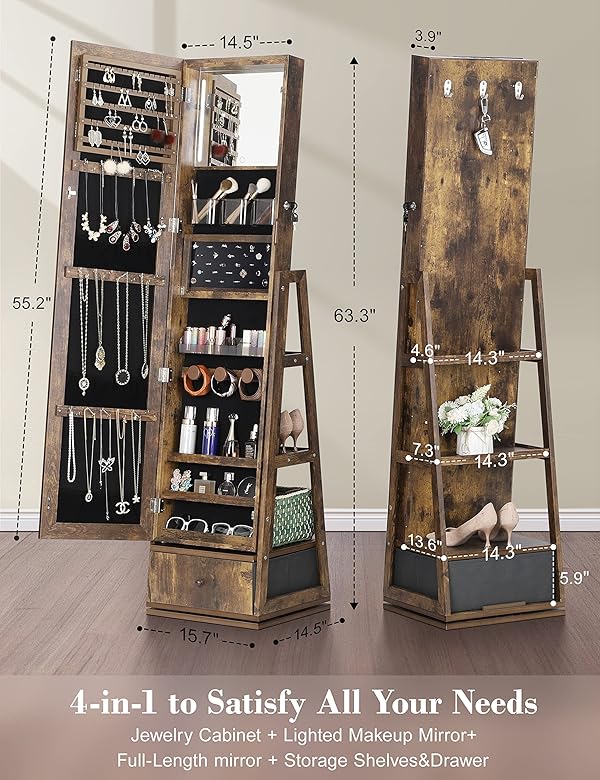 Nicetree 360° Swivel Jewelry Cabinet with Lights, Touch Screen Vanity Mirror, Rotatable Full Length Mirror with Jewelry Storage, Standing Jewelry Armoire Organizer, Gift Idea, Rustic Brown by Nicetree - Image 8