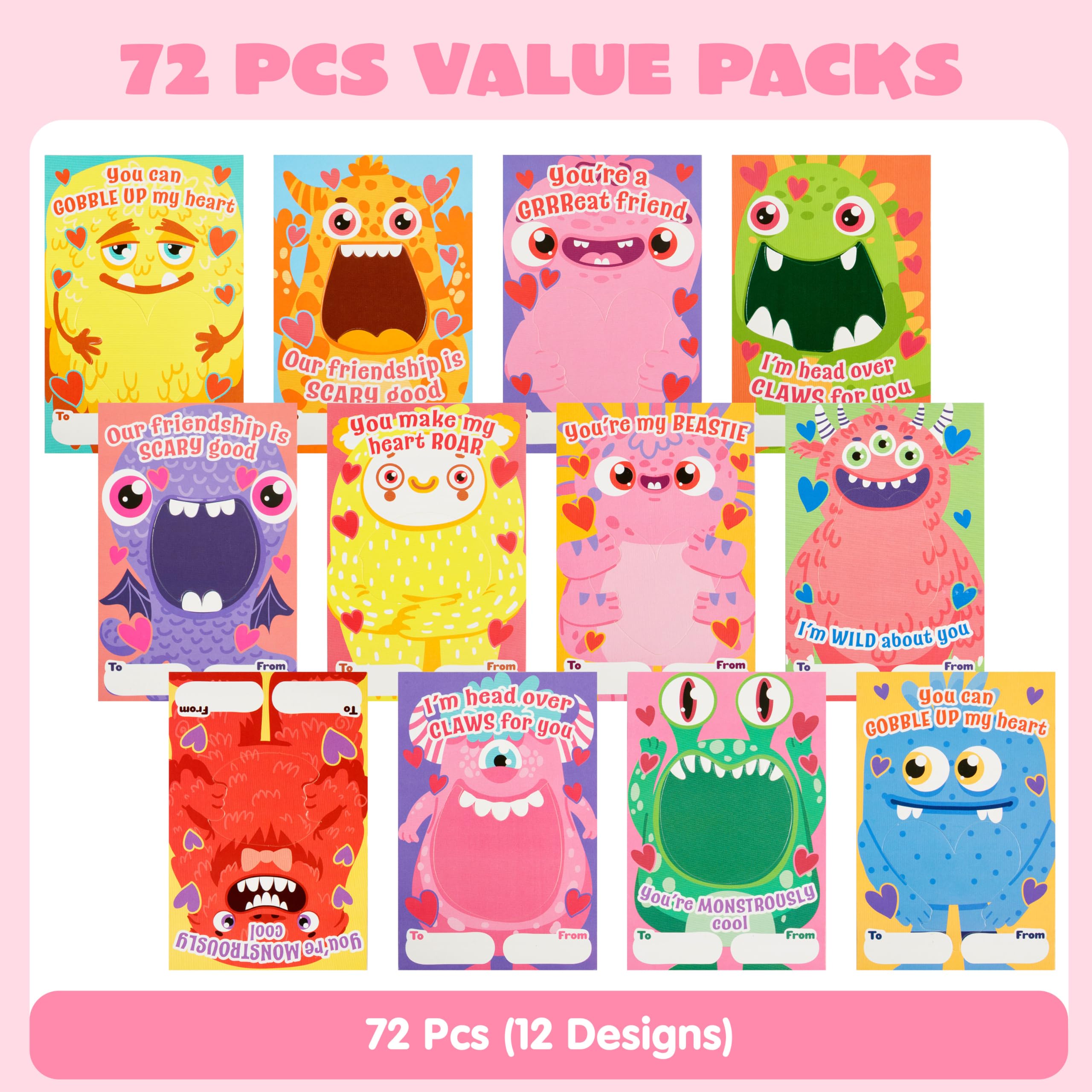 JOYIN 72 tarjetas de regalo para el día de San Valentín con diseños de monstruos con bolsas, tarjetas de felicitación huecas de San Valentín, tarjetas de dulces para niños, tarjetas de intercambio de