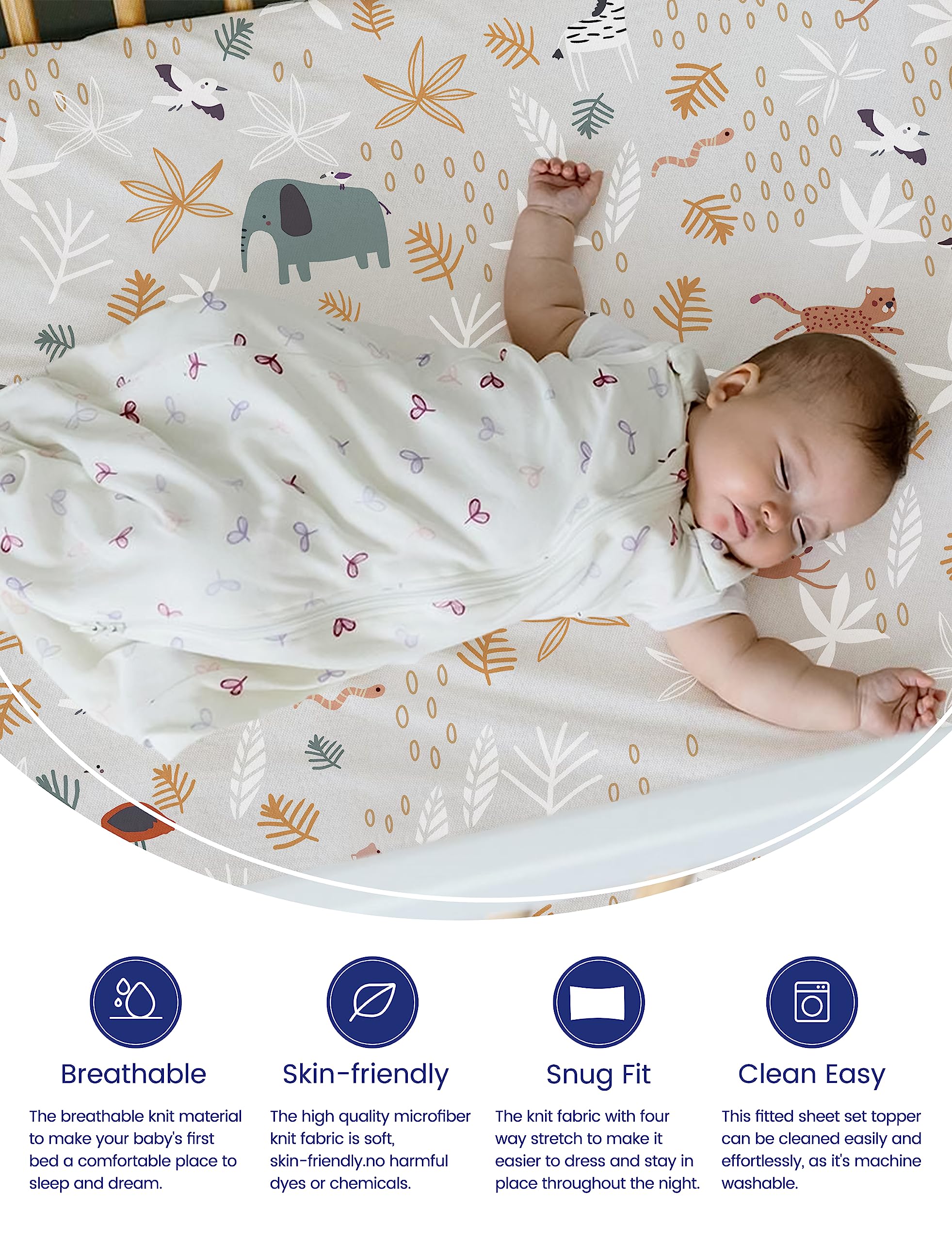 TotAha Juego de 2 sábanas de cuna de animales de la selva para niñas y niños, sábana bajera neutra para colchón estándar de cuna y colchón de cama infantil (52 x 28 pulgadas), sábanas ultra suaves