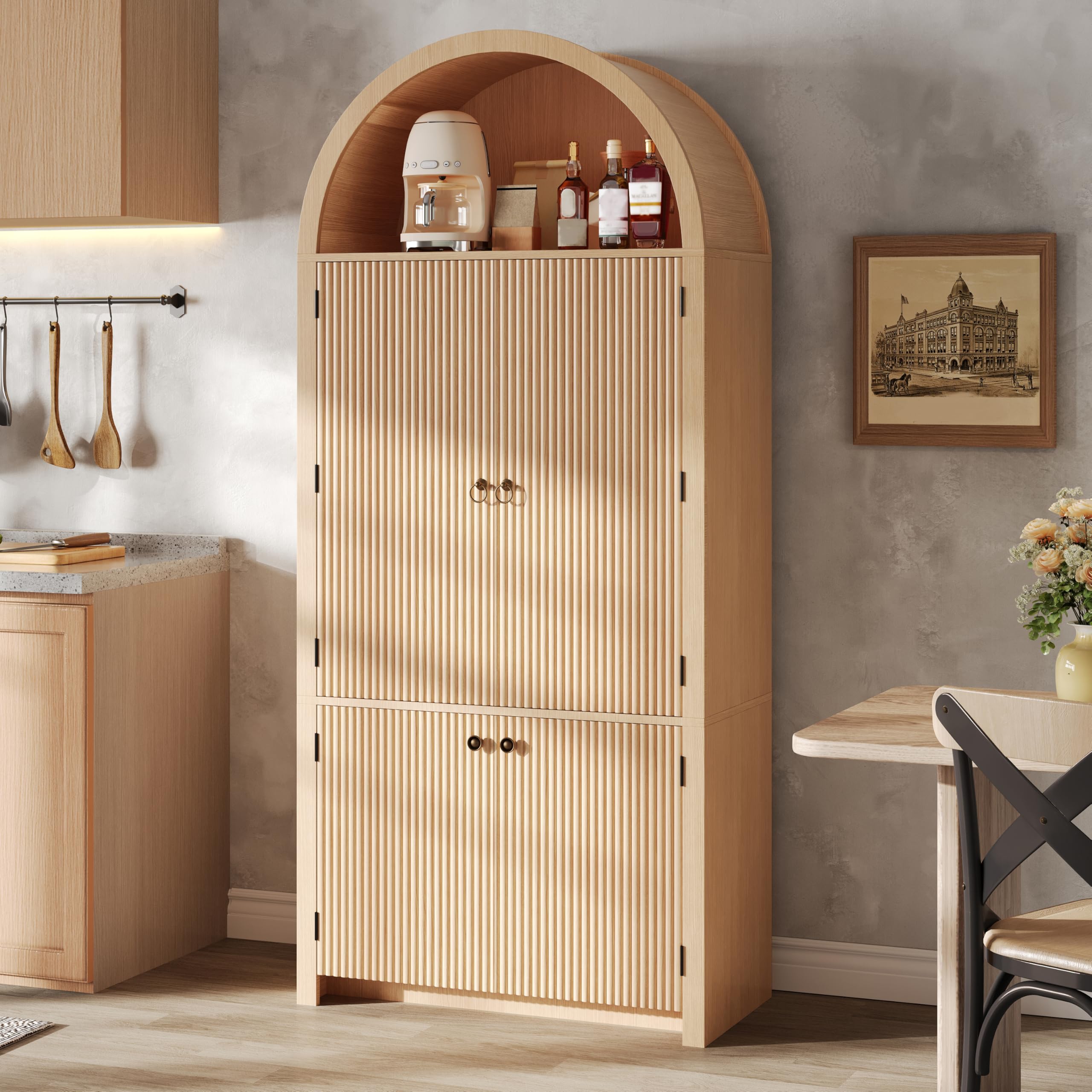 BTM Küchenschrank mit Türablagen und Offene Vitrine, Minimalistisch Bogenschrank Wohnzimmerschrank 180cm Holzoptik