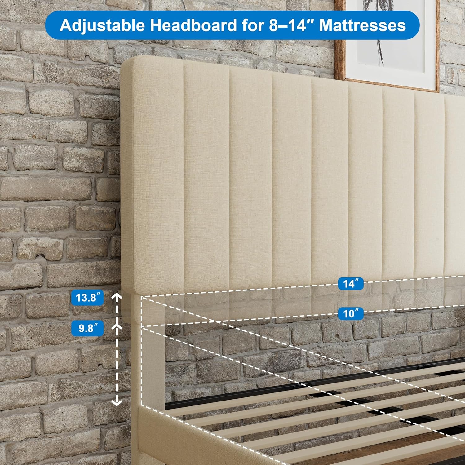 GOLDORO King Size Bed Frame with Adjustable Headboard, Linen Upholstered Platform Bed, Vertical Channel Tufted Design, Wooden Slat Support, No Box Spring Needed, Easy Assembly, Beige