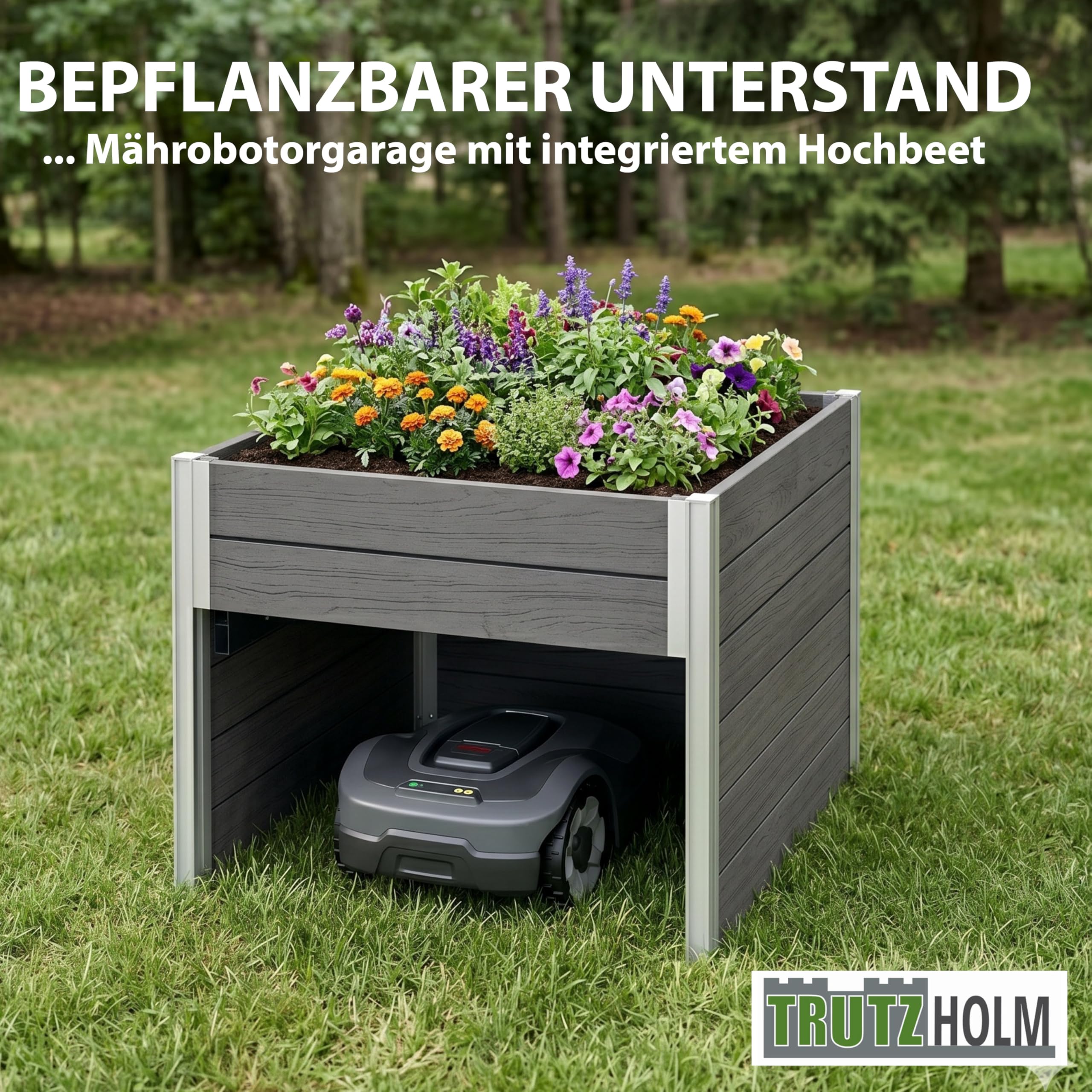 TRUTZHOLM Hochbeet mit Mährobotergarage 2in1 Holzoptik 73x79x56 cm Rasenroboter Garage Pflanzkasten anthrazit