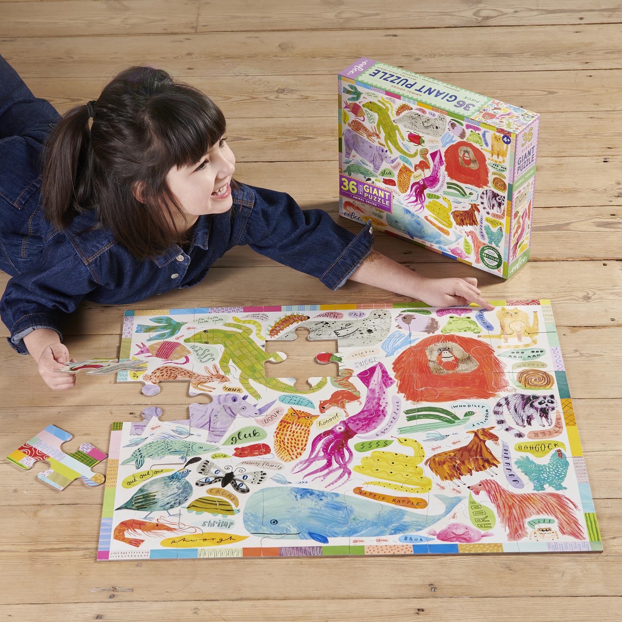 eeBoo: Animal Voices Riesenpuzzle - 36 Teile - 26 x 21 Boden-Puzzle, skurriles Geräusch-Thema, robuste, staublose, übergroße Teile, pädagogisch, Kinder ab 4 Jahren