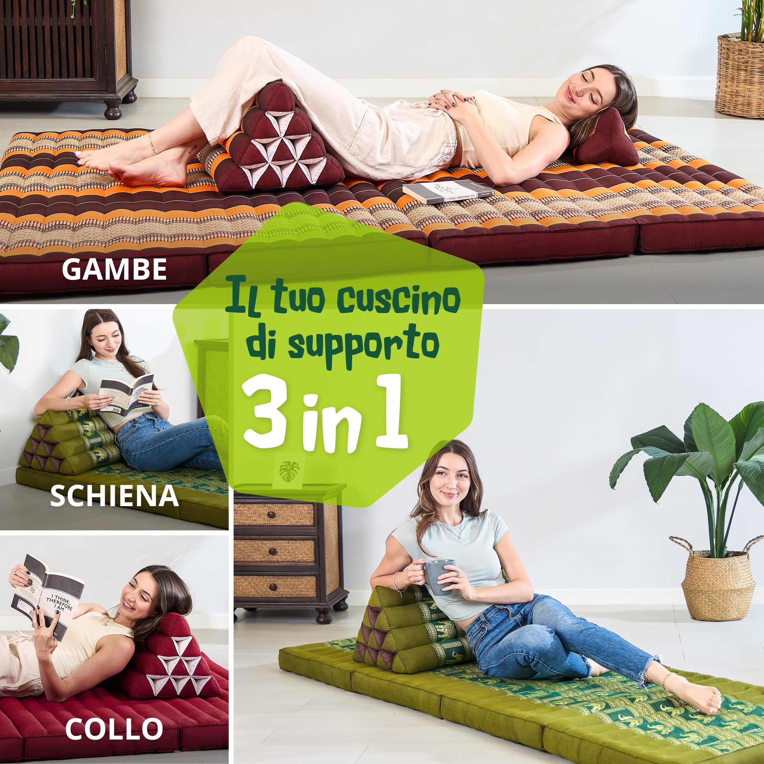 livasia Cuscino per la Schiena in Seta thailandese - 32x55x30cm - Cuscino Triangolare per Il Giardino e Il Balcone, Cuscino a Cuneo con kapok, Fatto a Mano (Verde/Elefanti Seta)