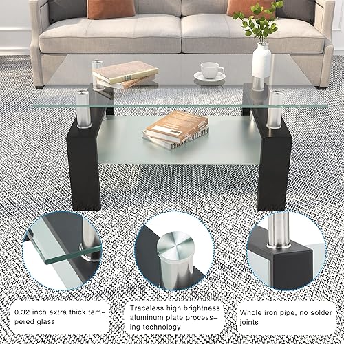 Miniatura 5 de Meihua Mesa de centro rectangular de vidrio de 2 niveles, mesa de centro lateral moderna para sala de estar, color negro Negro -,Todo