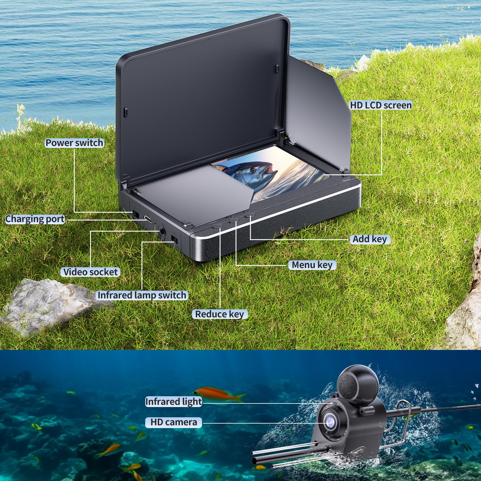 Cámara de Pesca Subacuática 4,3" IPS IP65 Visión Nocturna Infrarrojos Gran Angular