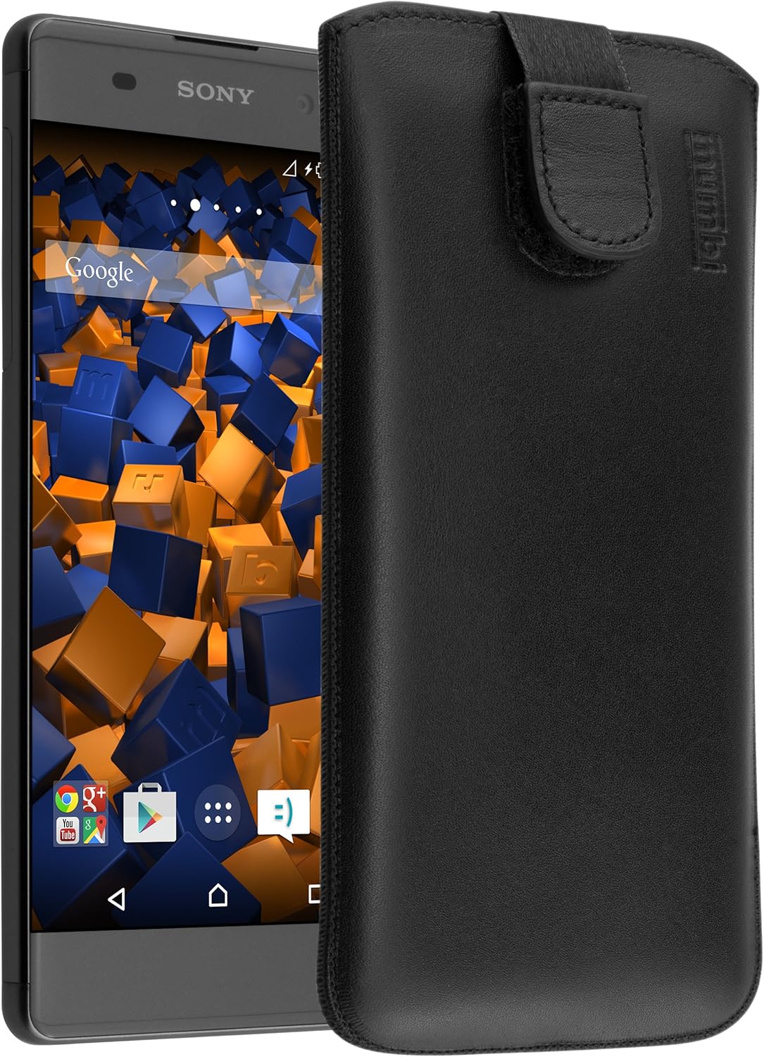 mumbi Genuine Leather Case with Flap and Pull-Out Tab for Sony Xperia XA Black