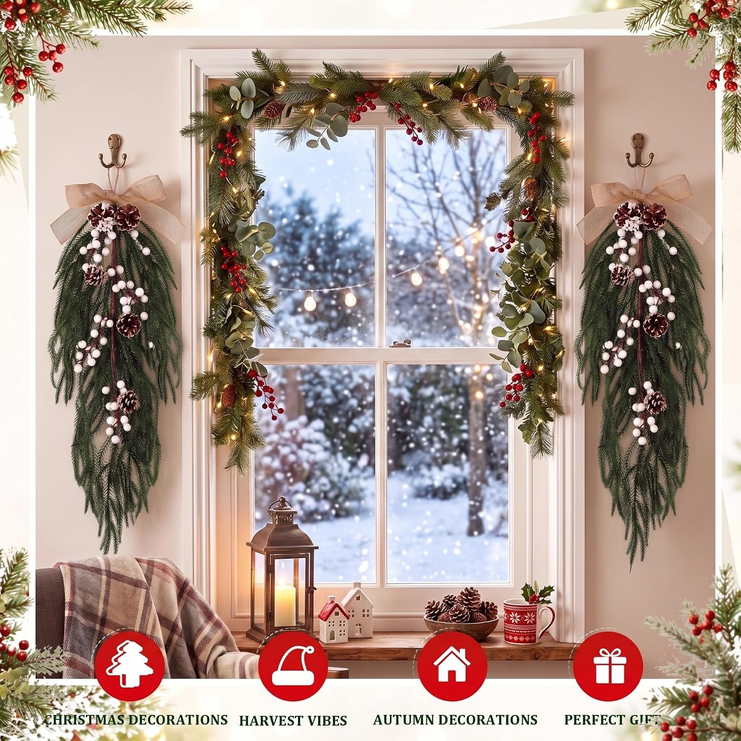 Sosation 2 Pcs Christmas Teardrop Swag with Bow, Pinecones Berry 23.62 in
