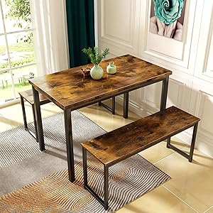 AWQM Dining Room Table Set, Kitchen Table Set with 2 Benches, Ideal for Home, Kitchen and Dining Room, Breakfast Table of 43.3x23.6x28.5 inches, Benches of 38.5x11.8x17.5 inches, Rustic Brown