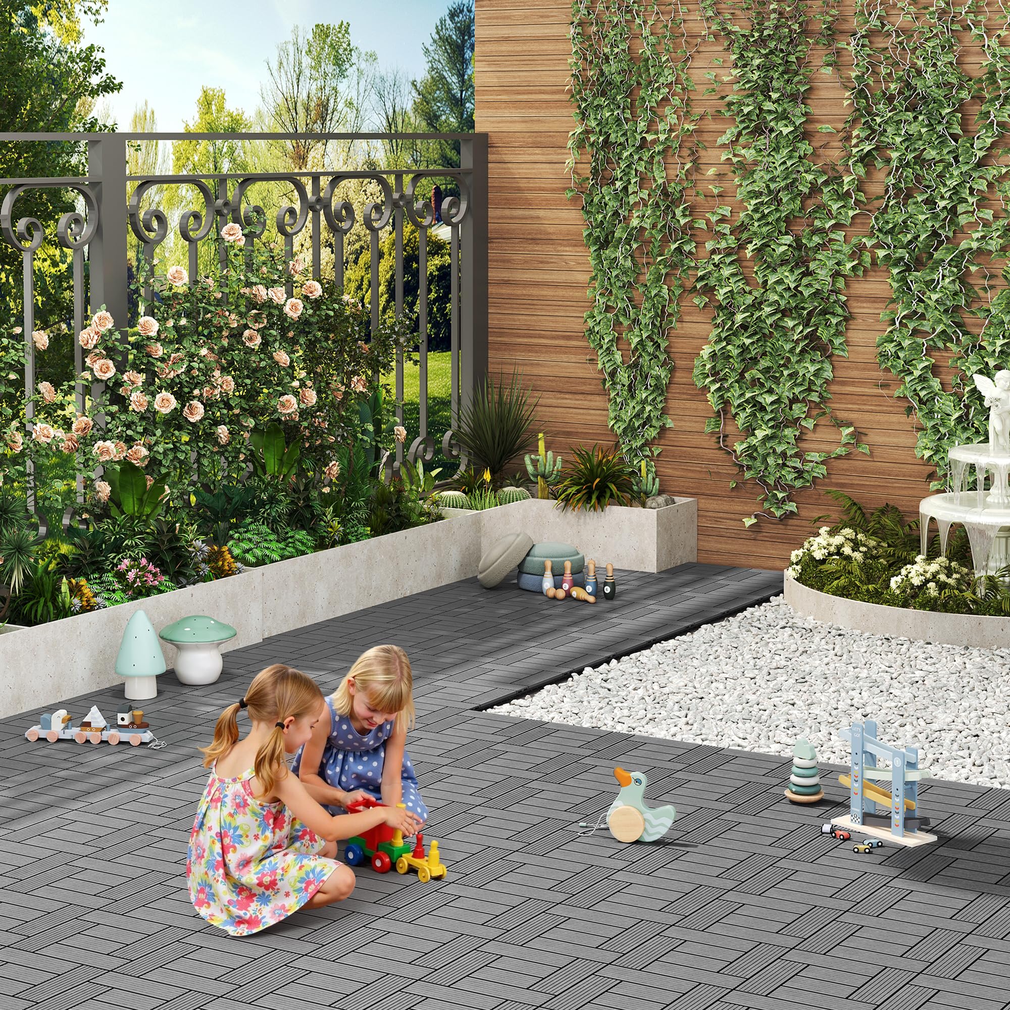 WOLTU Pavimenti da Esterno Balcone/Giardino/Terrazza Piastrelle ad Incastro in WPC, Legno Composito Grigio Chiaro 11 Pannelli / 1 ㎡